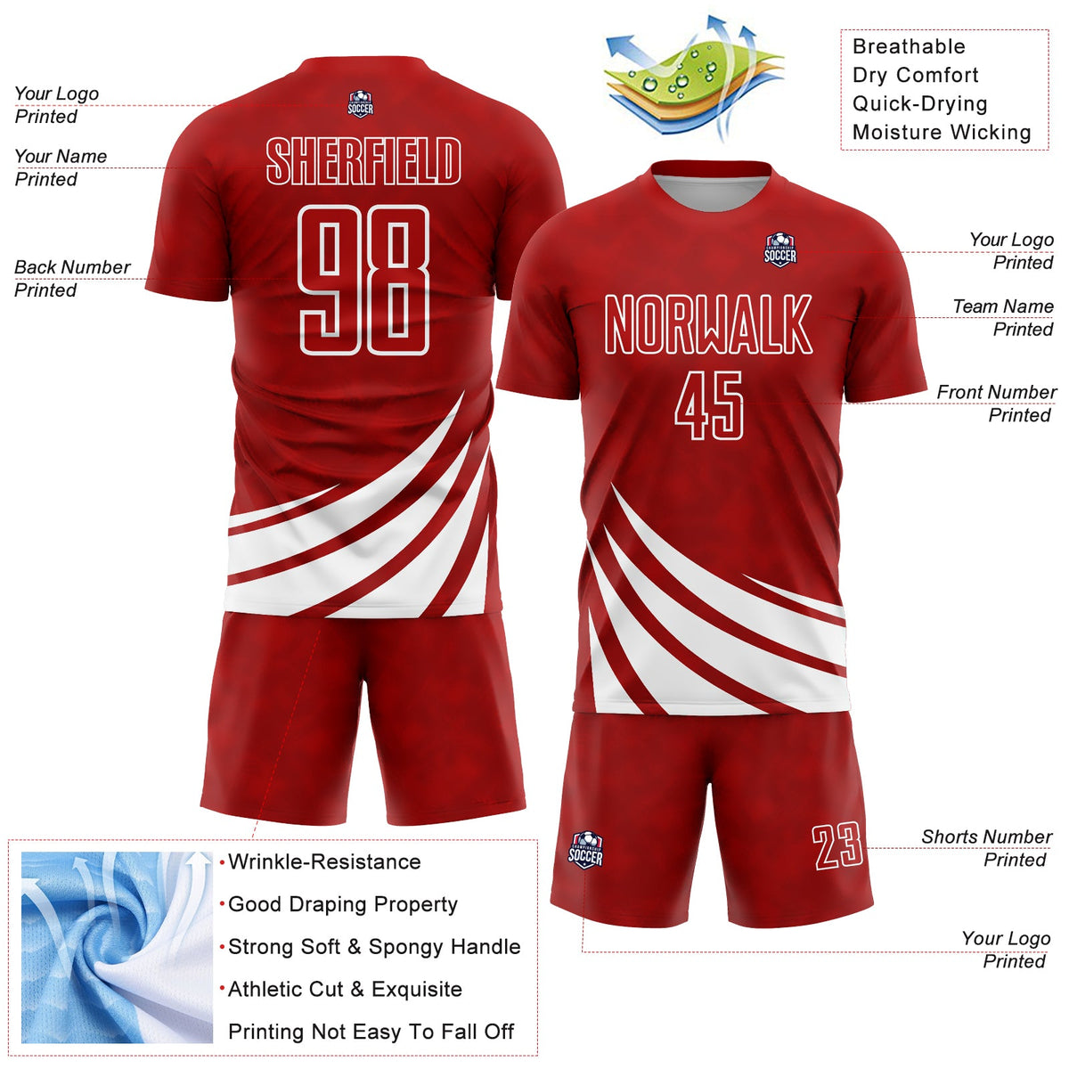 Custom Red White Wind Shapes Sublimation Soccer Uniform Jersey Limited