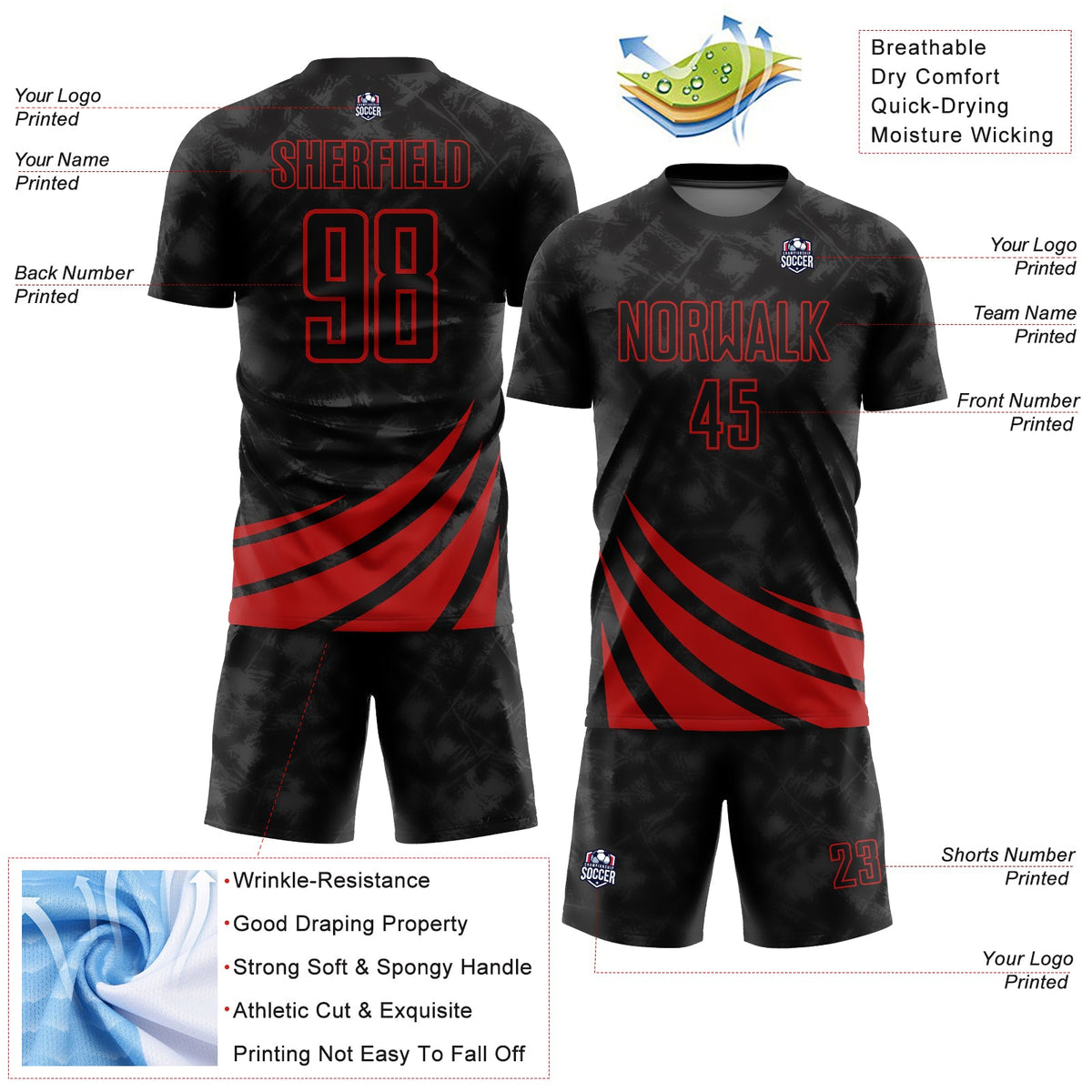 Custom Black Red Wind Shapes Sublimation Soccer Uniform Jersey Limited