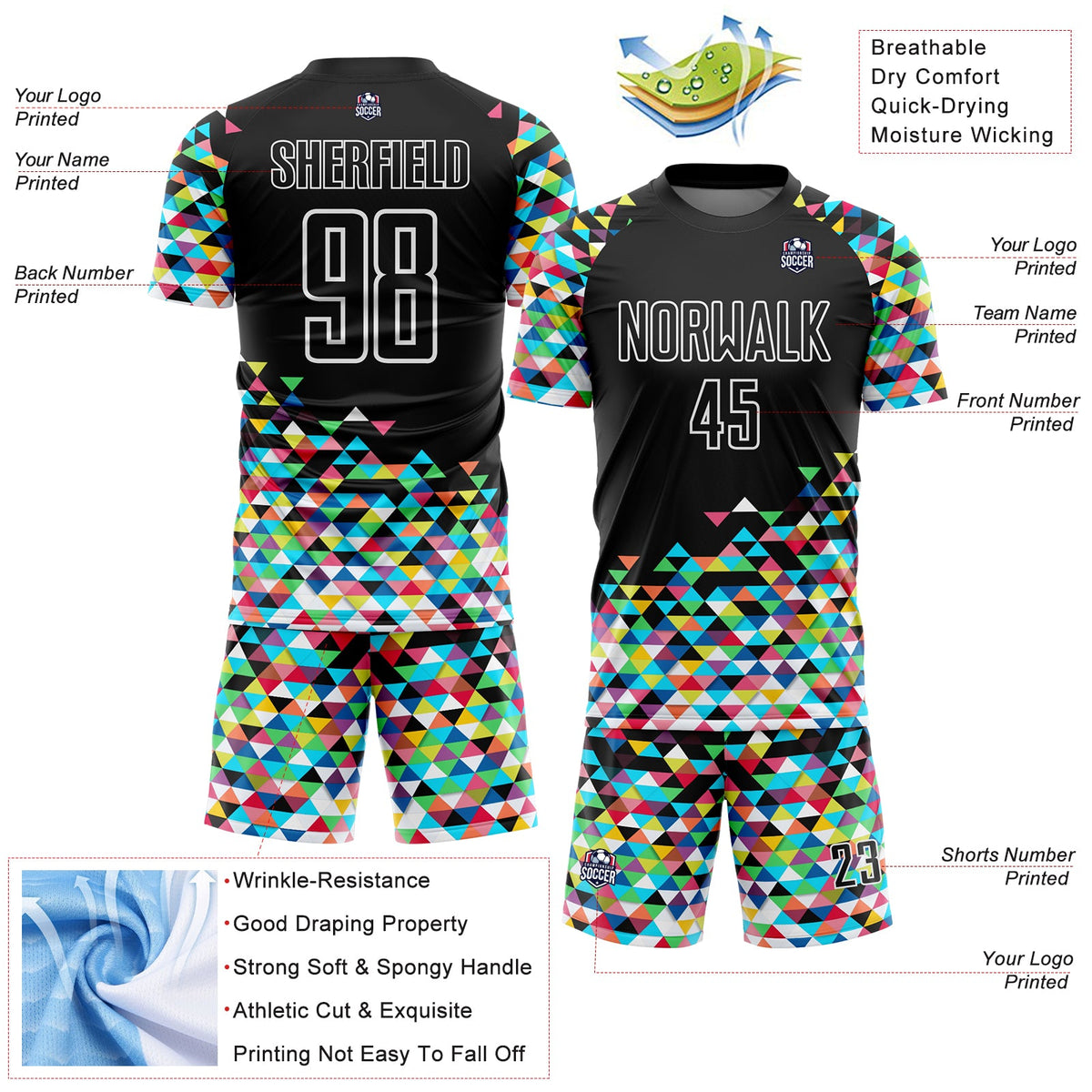 Custom Black White Colorful Geometric Triangle Sublimation Soccer Uniform Jersey Limited