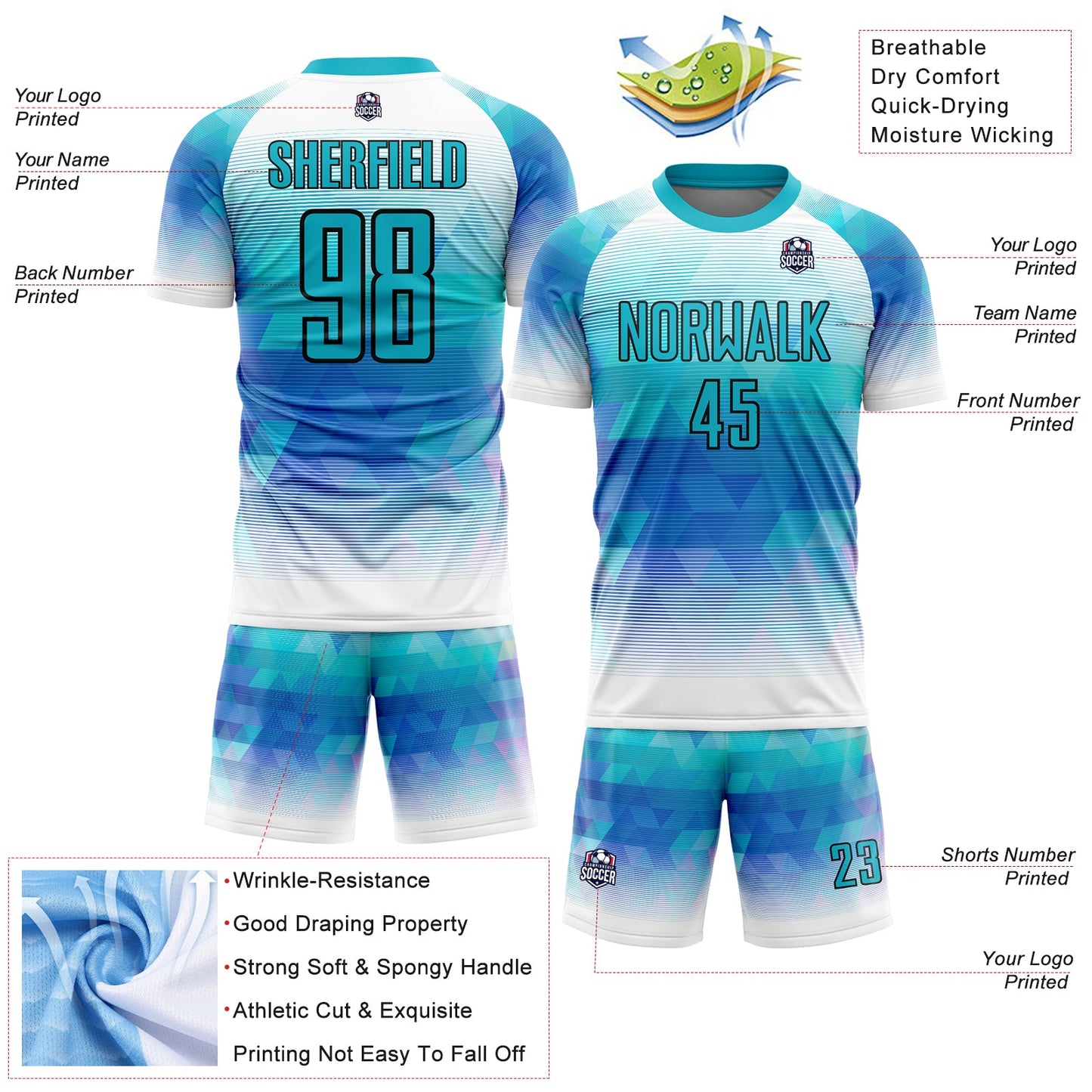 Custom Teal White Geometric Triangle Sublimation Soccer Uniform Jersey Limited