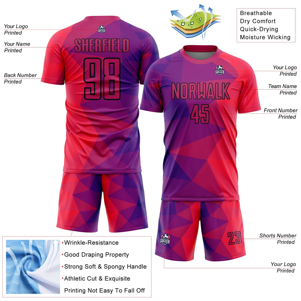 Custom Purple Red-Black Geometric Shapes Sublimation Soccer Uniform Jersey Limited