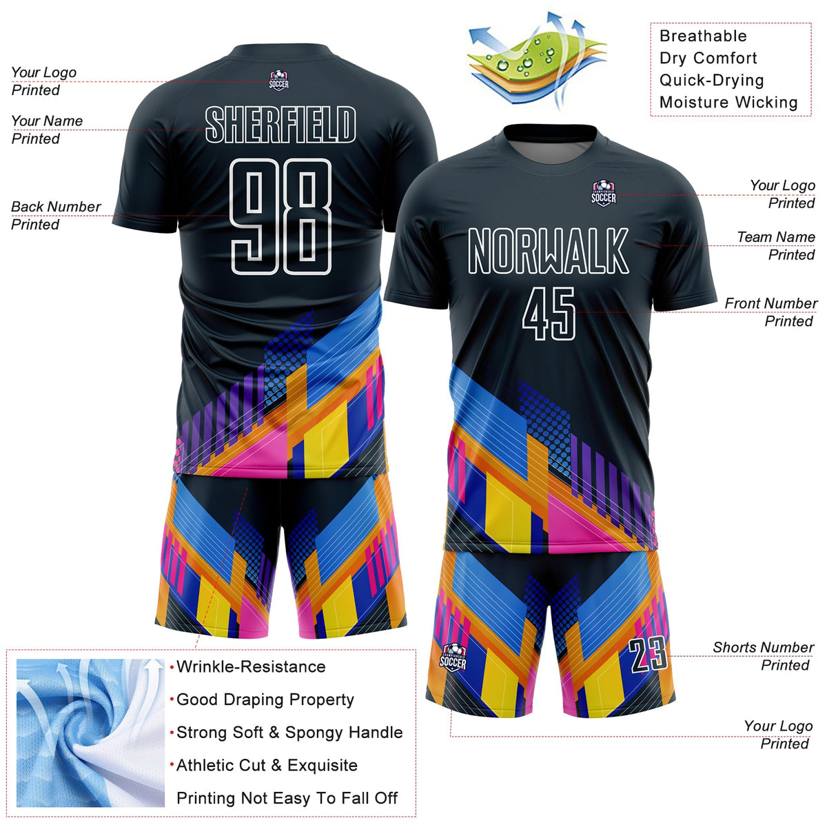 Custom Navy White Geometric Shapes Sublimation Soccer Uniform Jersey Limited