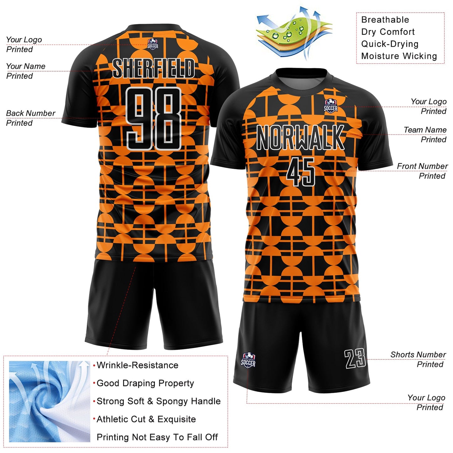 Custom Black Bay Orange-White Geometric Shapes Sublimation Soccer Uniform Jersey Limited