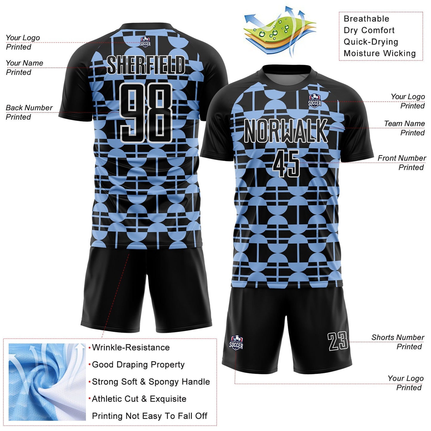 Custom Black Light Blue-White Geometric Shapes Sublimation Soccer Uniform Jersey Limited