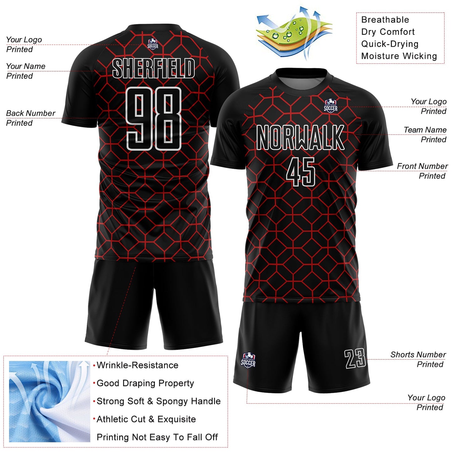 Custom Black Red-White Geometric Shapes Sublimation Soccer Uniform Jersey Limited