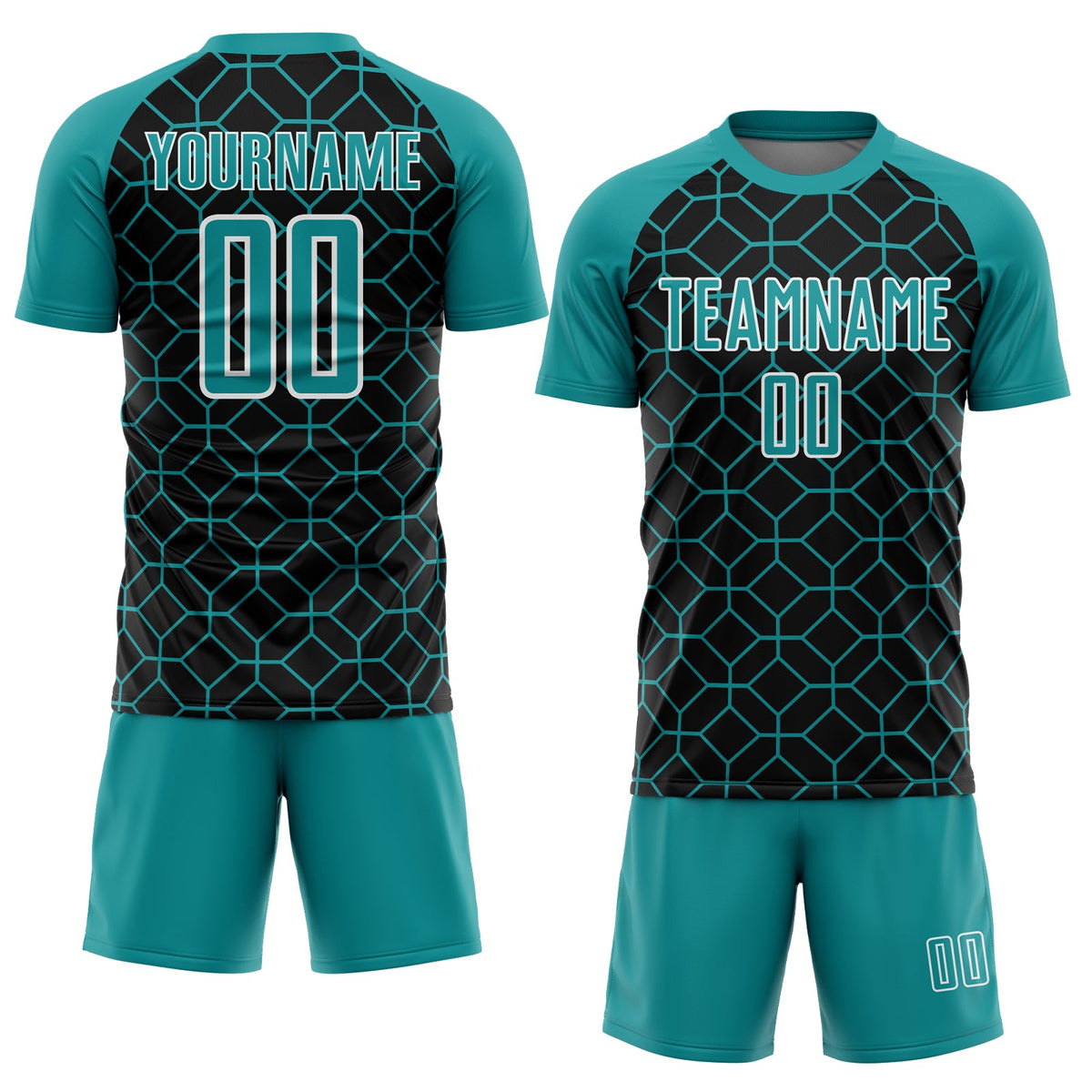 Custom Black Teal-White Geometric Shapes Sublimation Soccer Uniform Jersey Limited