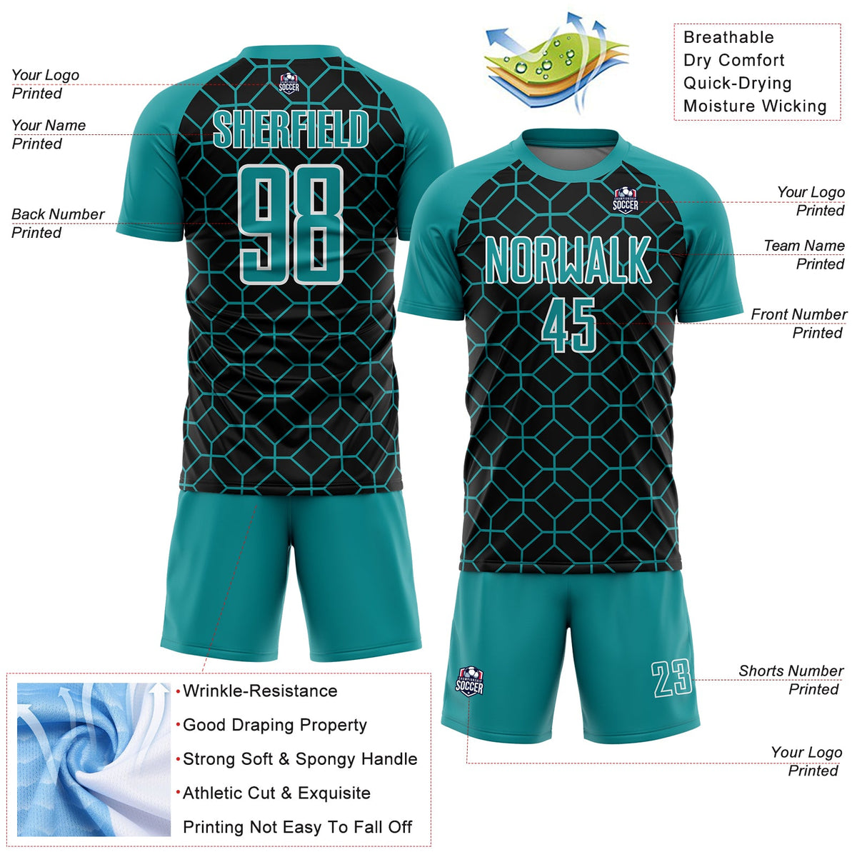 Custom Black Teal-White Geometric Shapes Sublimation Soccer Uniform Jersey Limited