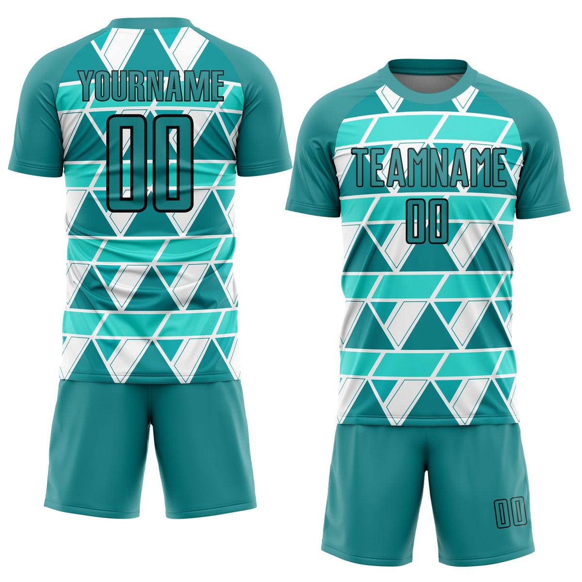 Custom Teal White-Black Geometric Shapes Sublimation Soccer Uniform Jersey Limited