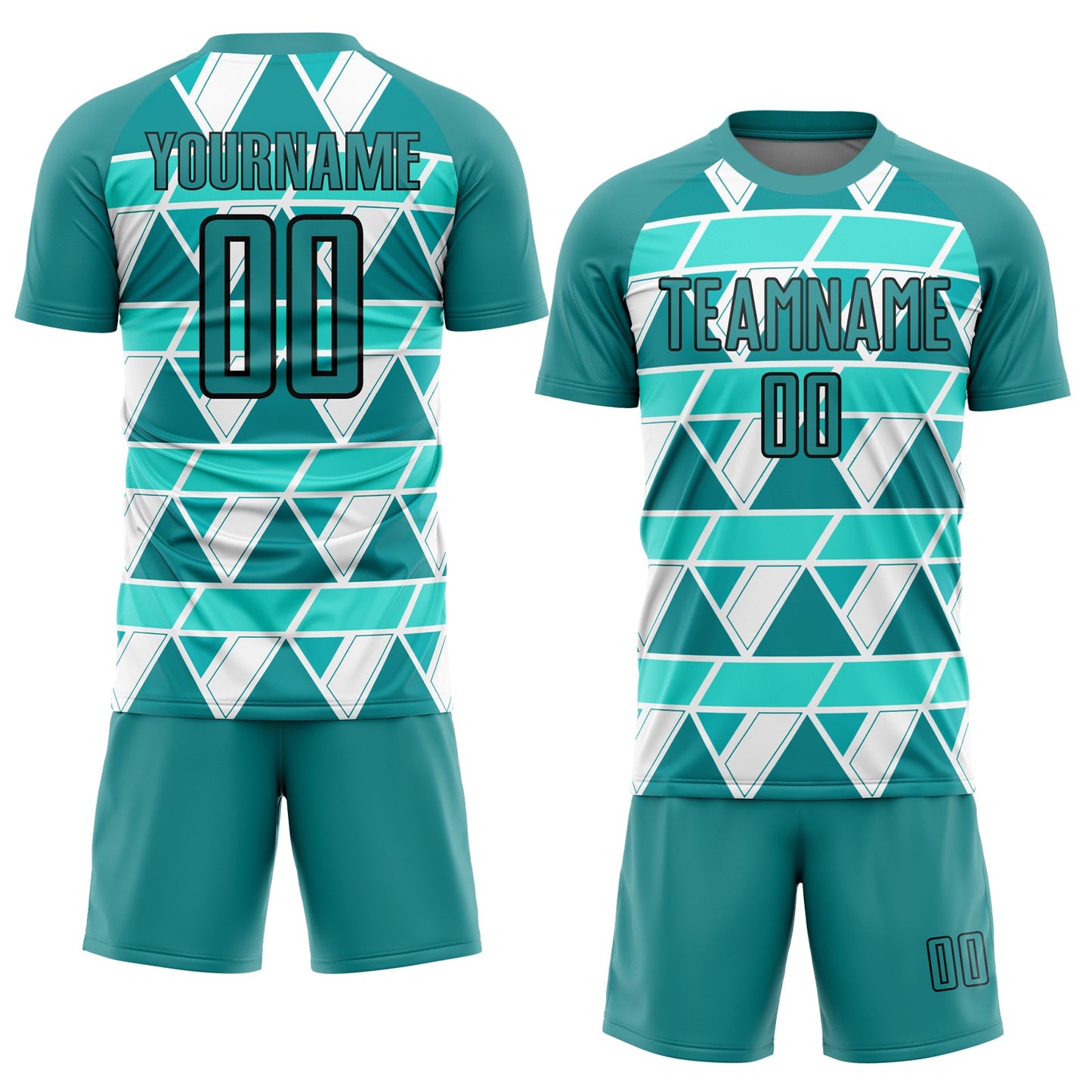 Custom Teal White-Black Geometric Shapes Sublimation Soccer Uniform Jersey Limited
