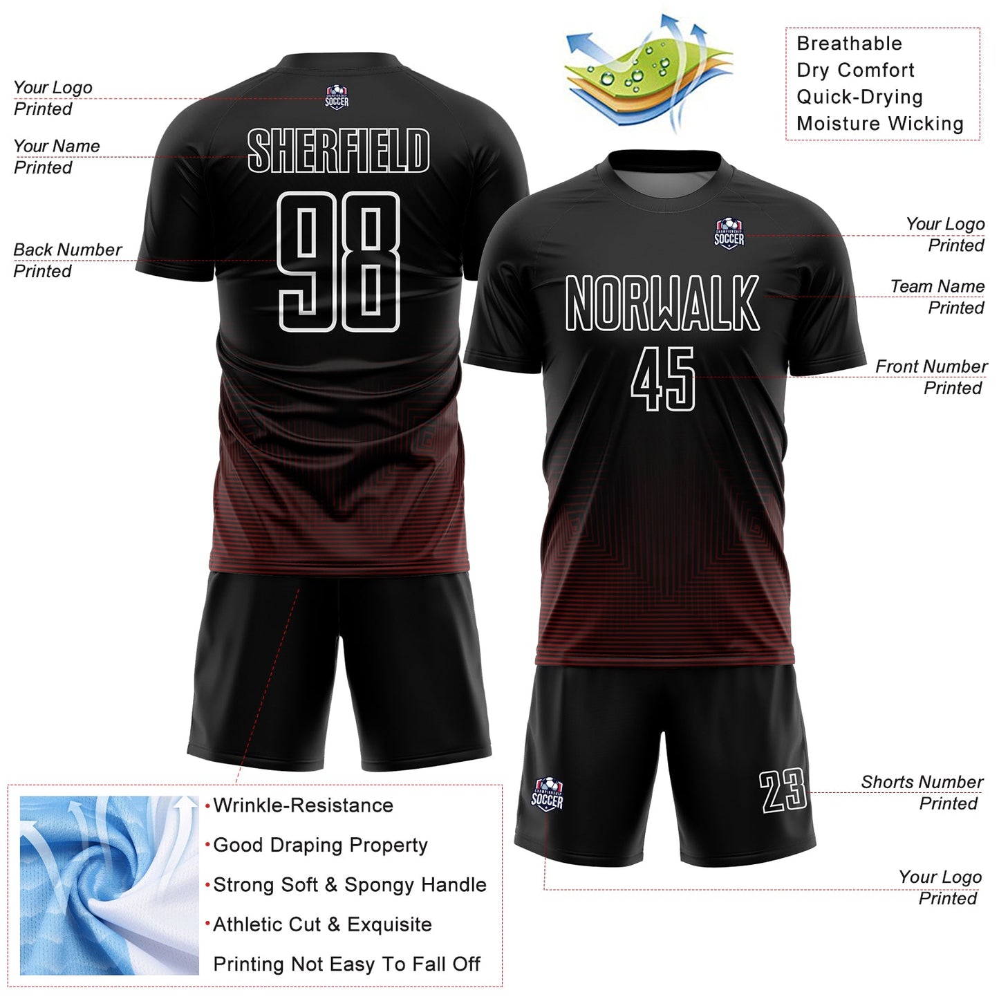 Custom Black Red-White Geometric Lines Sublimation Soccer Uniform Jersey Limited