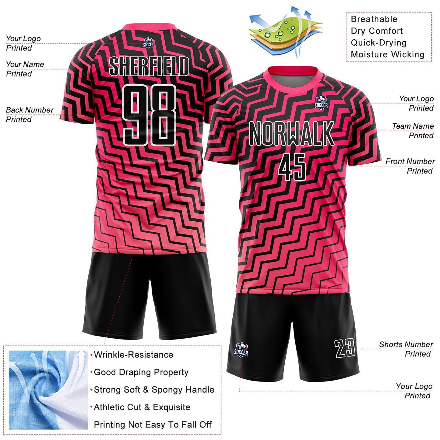 Custom Pink Black-White Geometric Lines Sublimation Soccer Uniform Jersey Limited