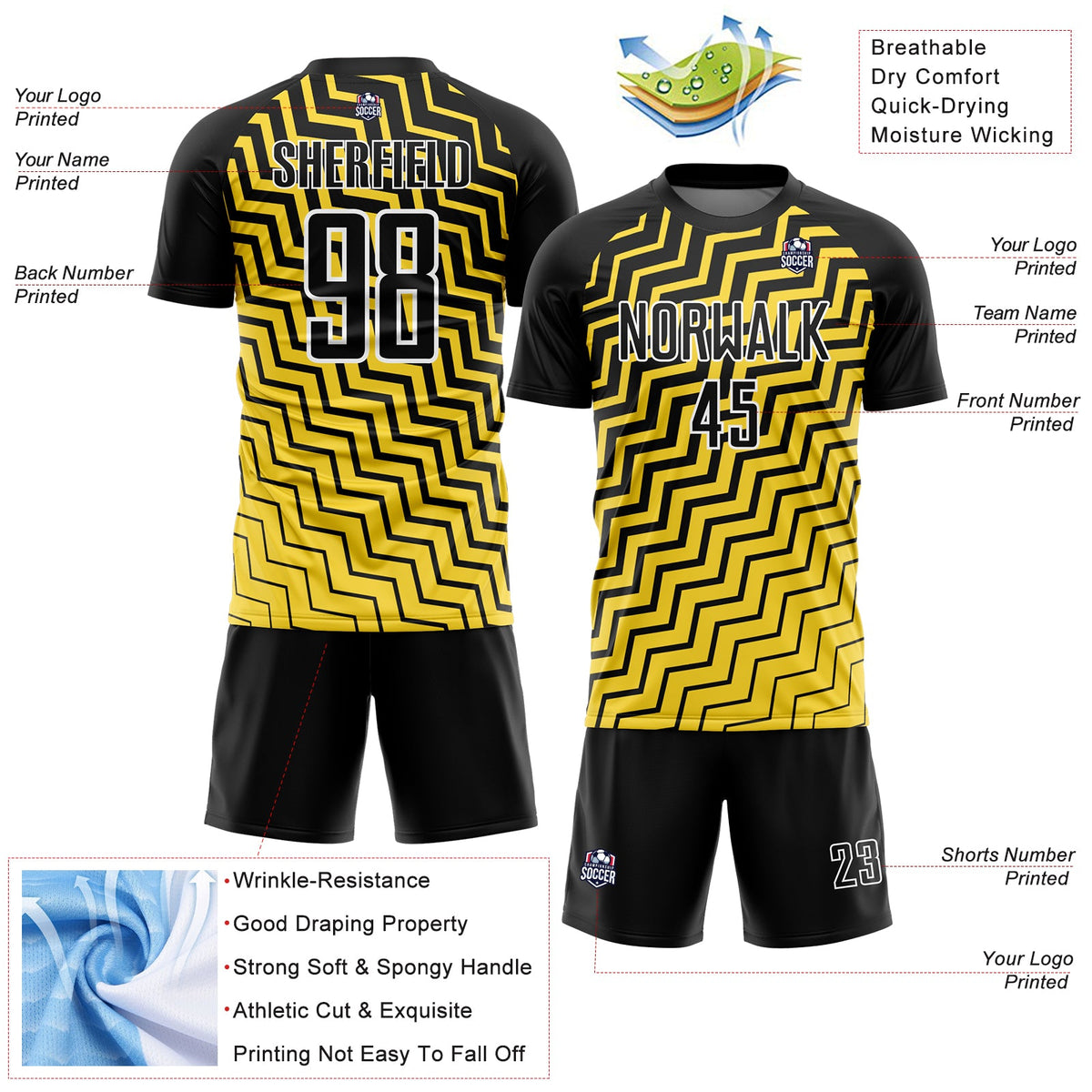 Custom Yellow Black-White Geometric Lines Sublimation Soccer Uniform Jersey Limited