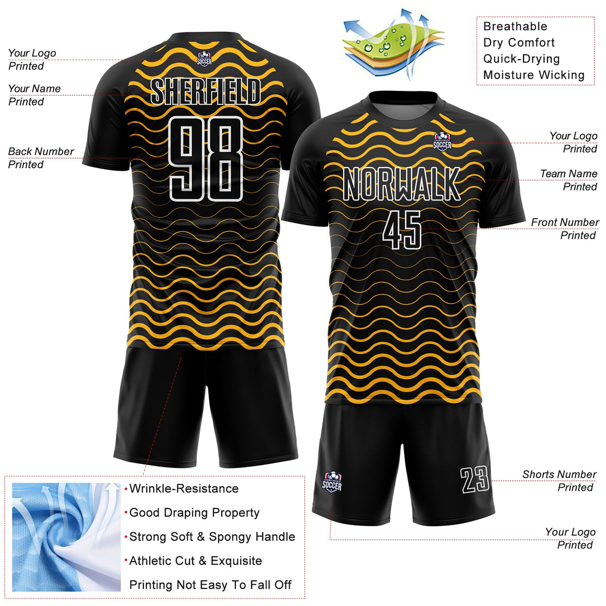 Custom Black Gold-White Geometric Lines Sublimation Soccer Uniform Jersey Limited