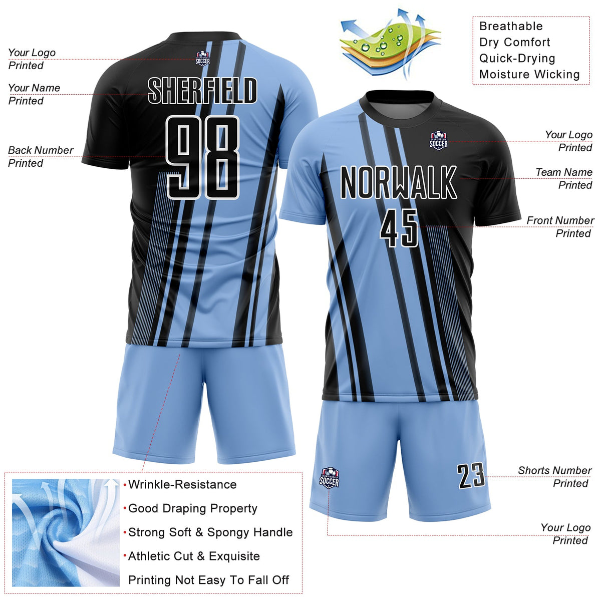 Custom Light Blue Black-White Lines Sublimation Soccer Uniform Jersey Limited