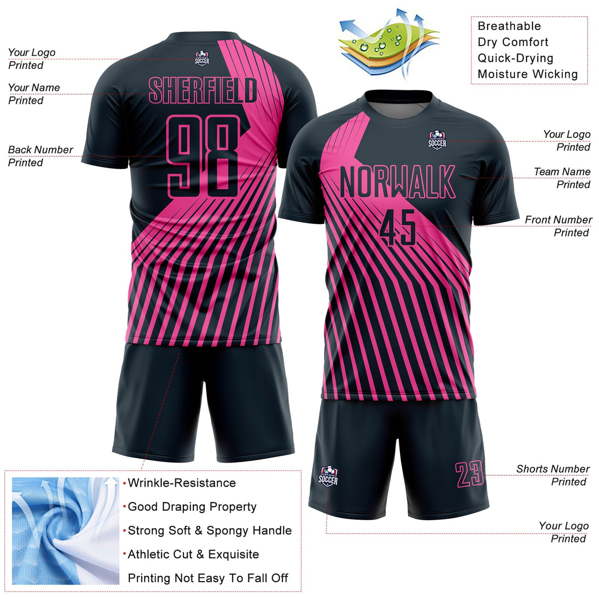 Custom Navy Pink Lines Sublimation Soccer Uniform Jersey Limited