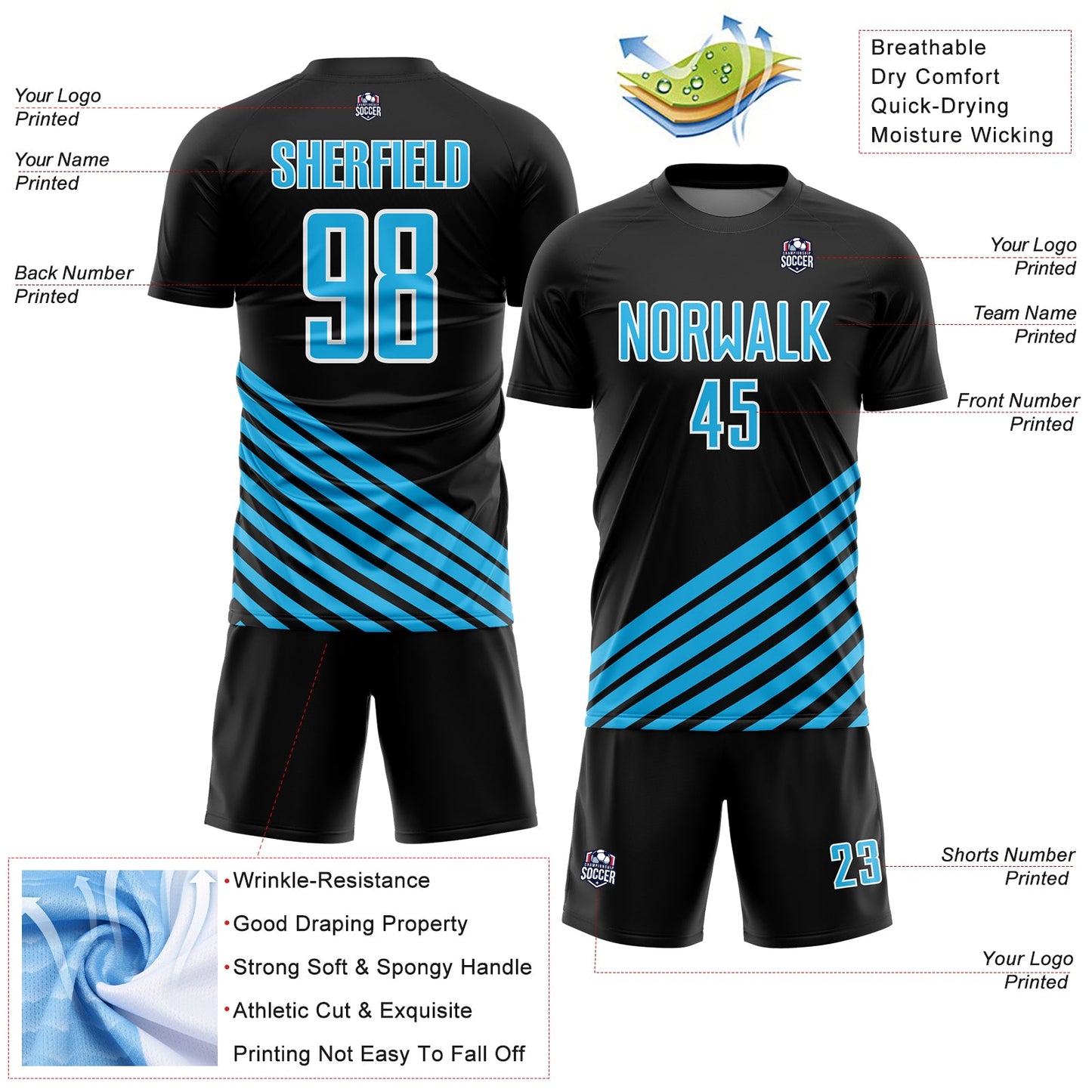 Custom Black Sky Blue-White Lines Sublimation Soccer Uniform Jersey Limited