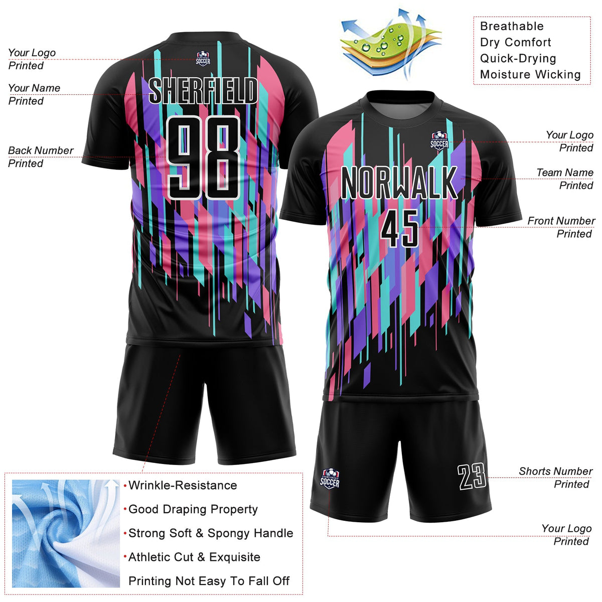 Custom Black White Geometric Shapes Sublimation Soccer Uniform Jersey Limited