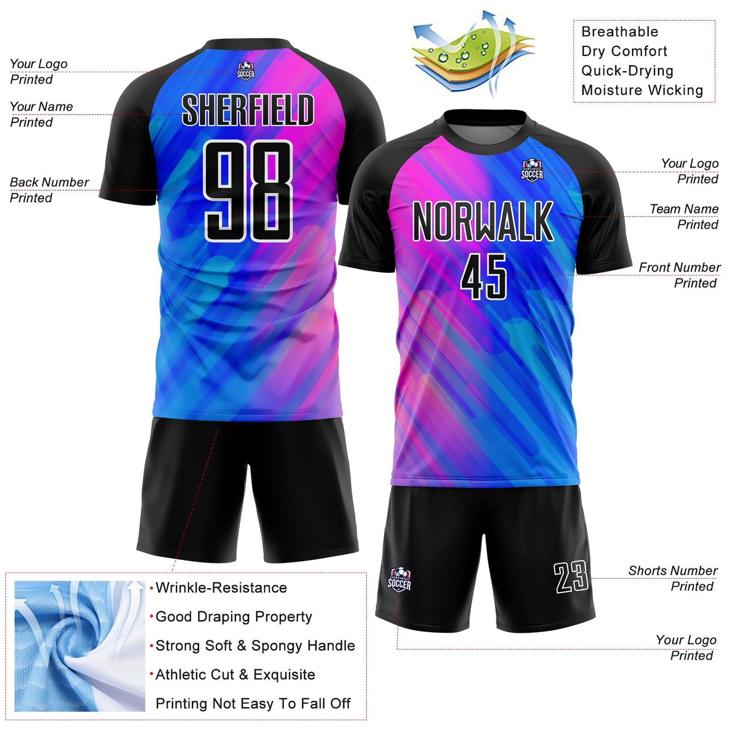 Custom Royal Black-Pink Lines Sublimation Soccer Uniform Jersey Limited