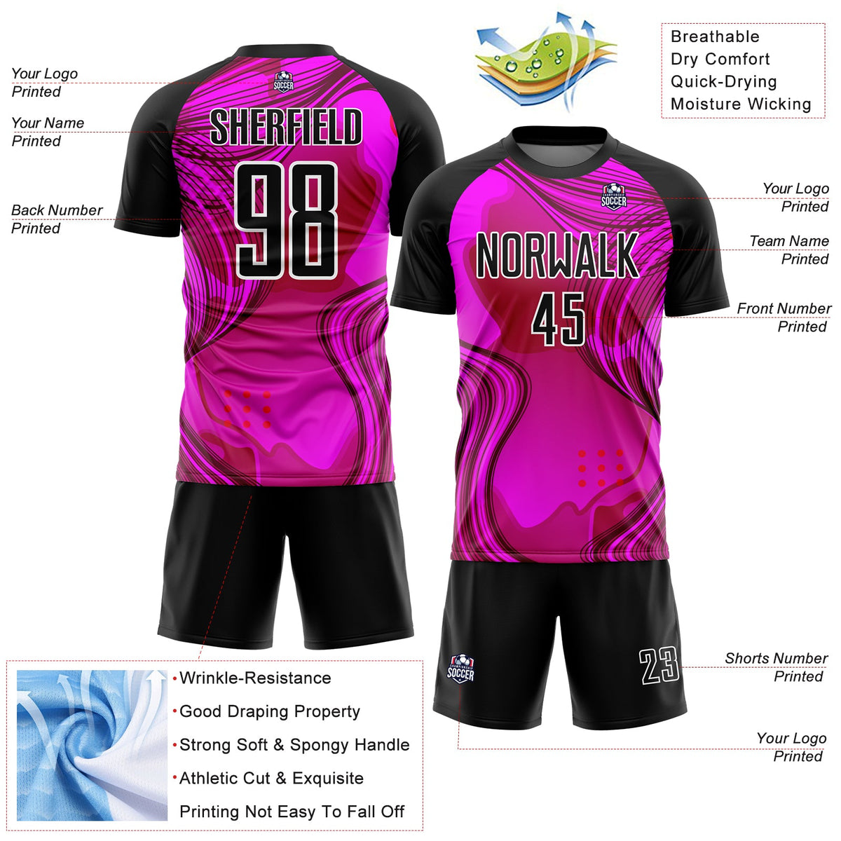 Custom Hot Pink Black-White Waves Sublimation Soccer Uniform Jersey Limited