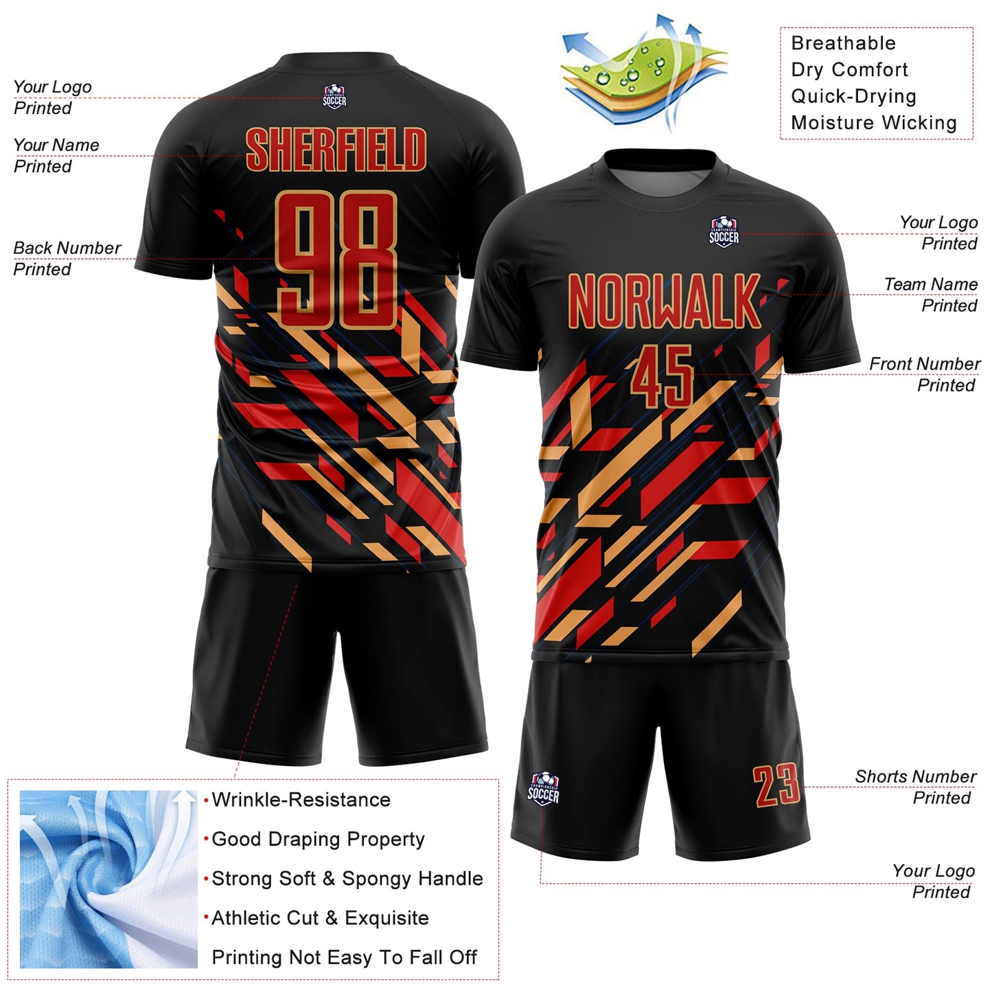 Custom Black Red-Old Gold Lines Sublimation Soccer Uniform Jersey Limited
