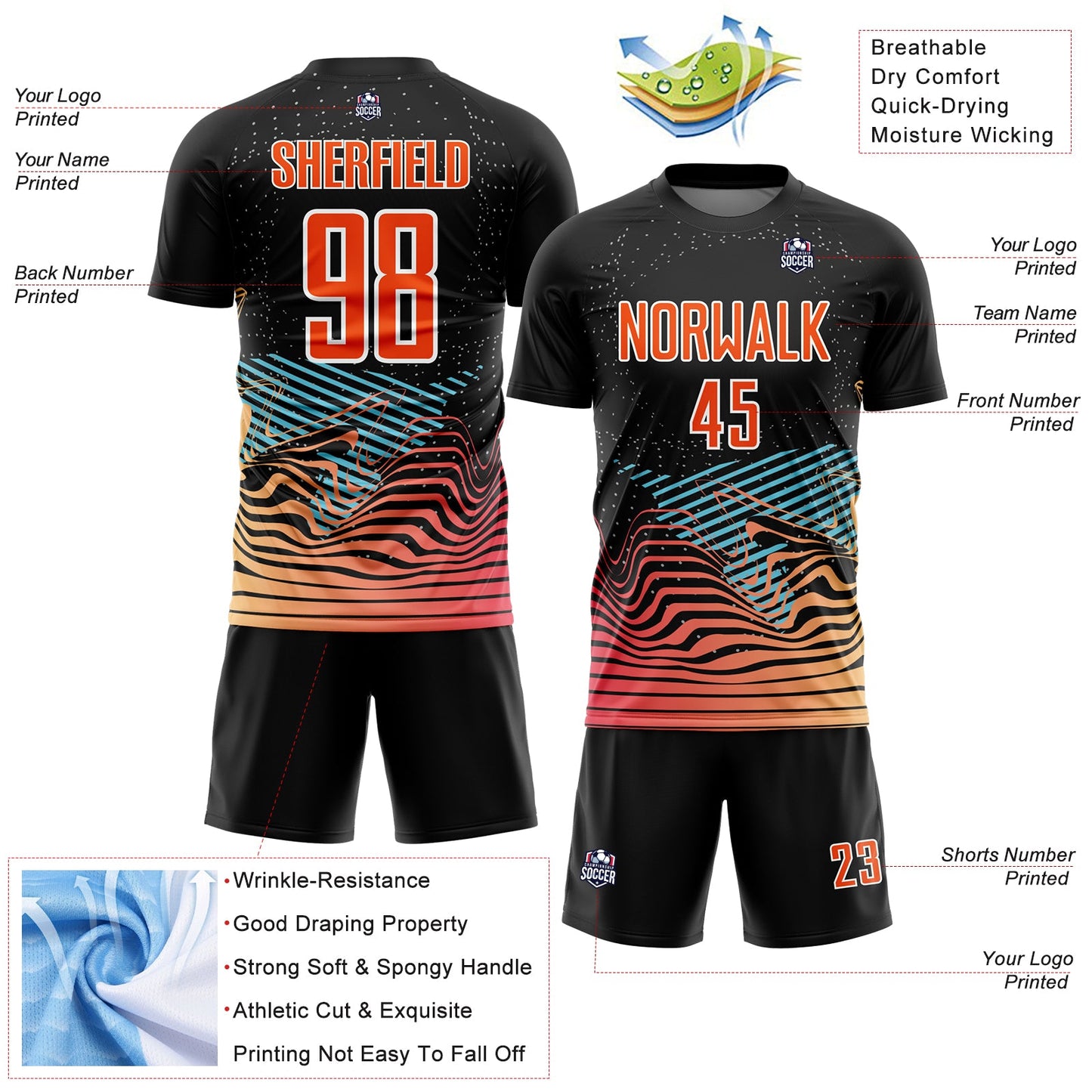 Custom Black Orange-White Lines Sublimation Soccer Uniform Jersey Limited