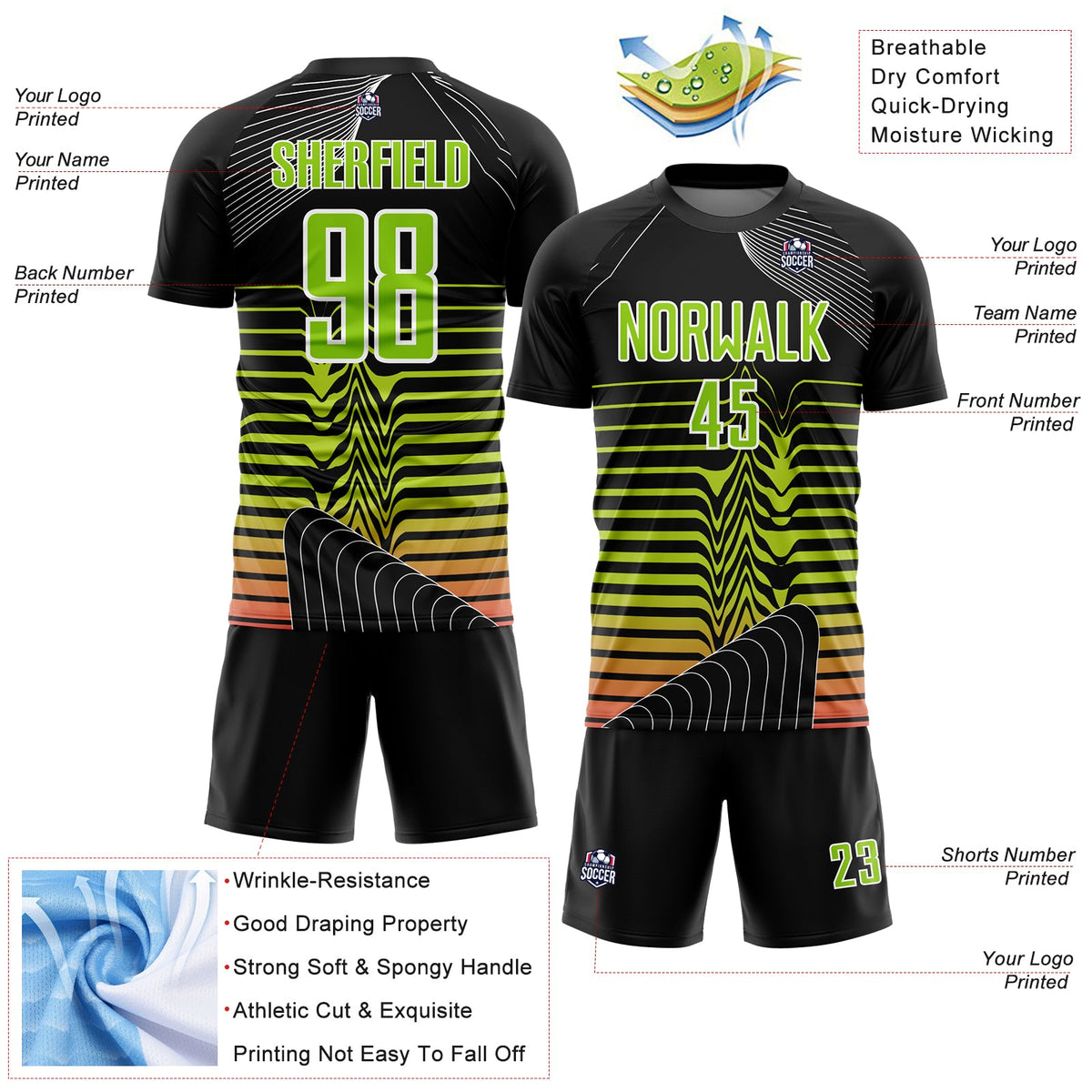 Custom Black Neon Green-White Lines Sublimation Soccer Uniform Jersey Limited
