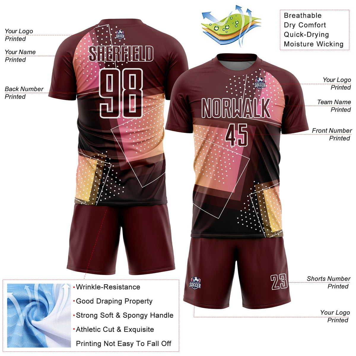 Custom Crimson White Geometric Shapes Sublimation Soccer Uniform Jersey Limited