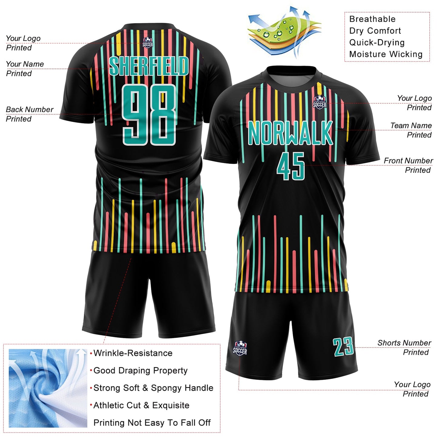 Custom Black Aqua-White Lines Sublimation Soccer Uniform Jersey Limited