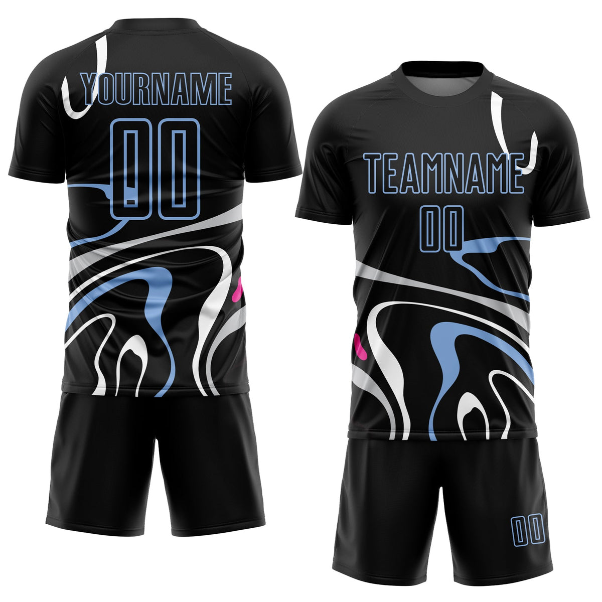 Custom Black Light Blue Fluid Shapes Sublimation Soccer Uniform Jersey Limited