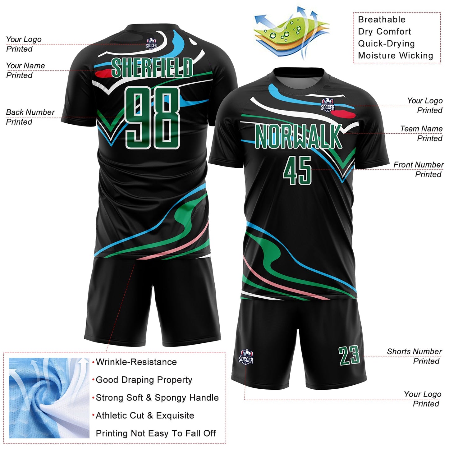 Custom Black Kelly Green-White Fluid Shapes Sublimation Soccer Uniform Jersey Limited
