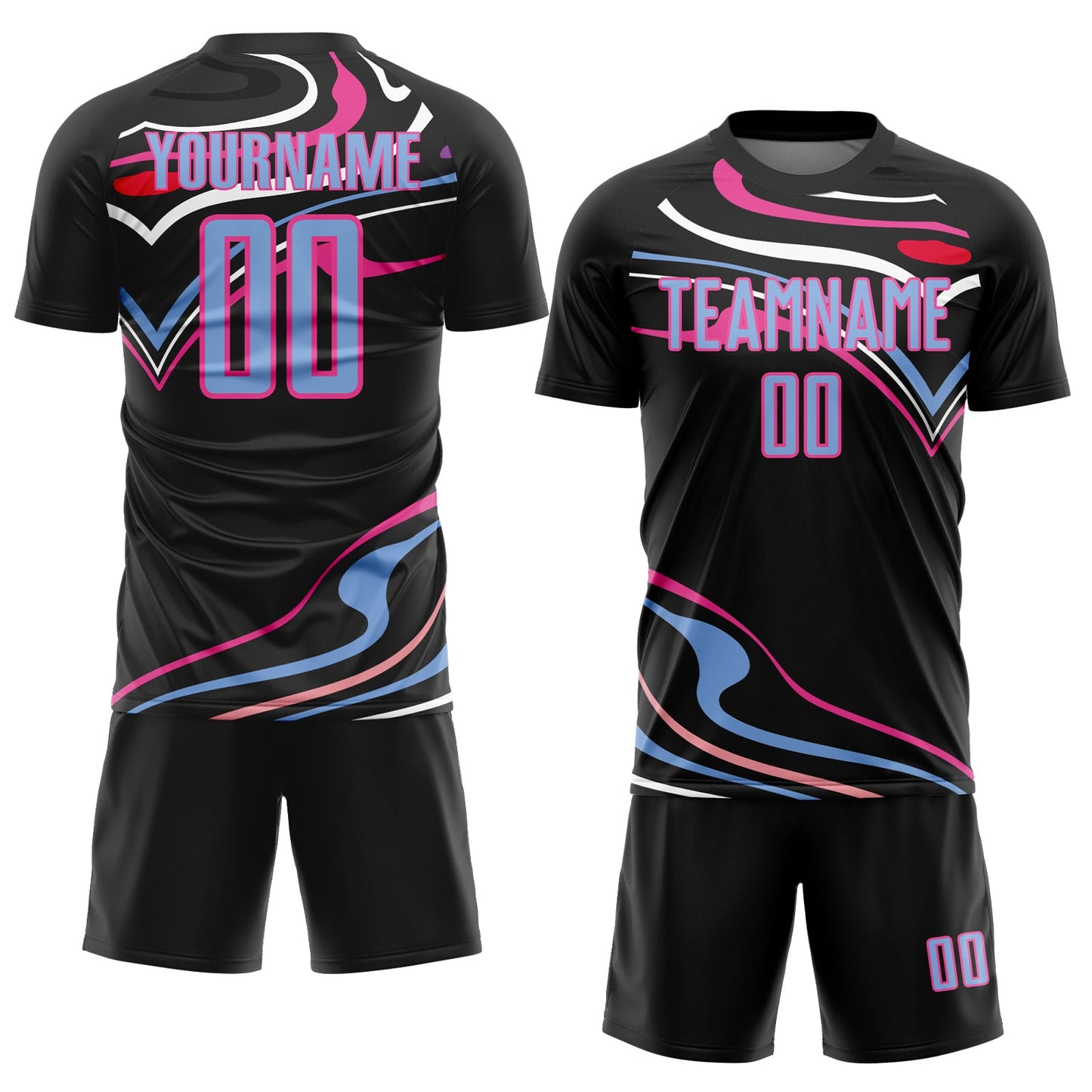 Custom Black Light Blue-Pink Fluid Shapes Sublimation Soccer Uniform Jersey Limited