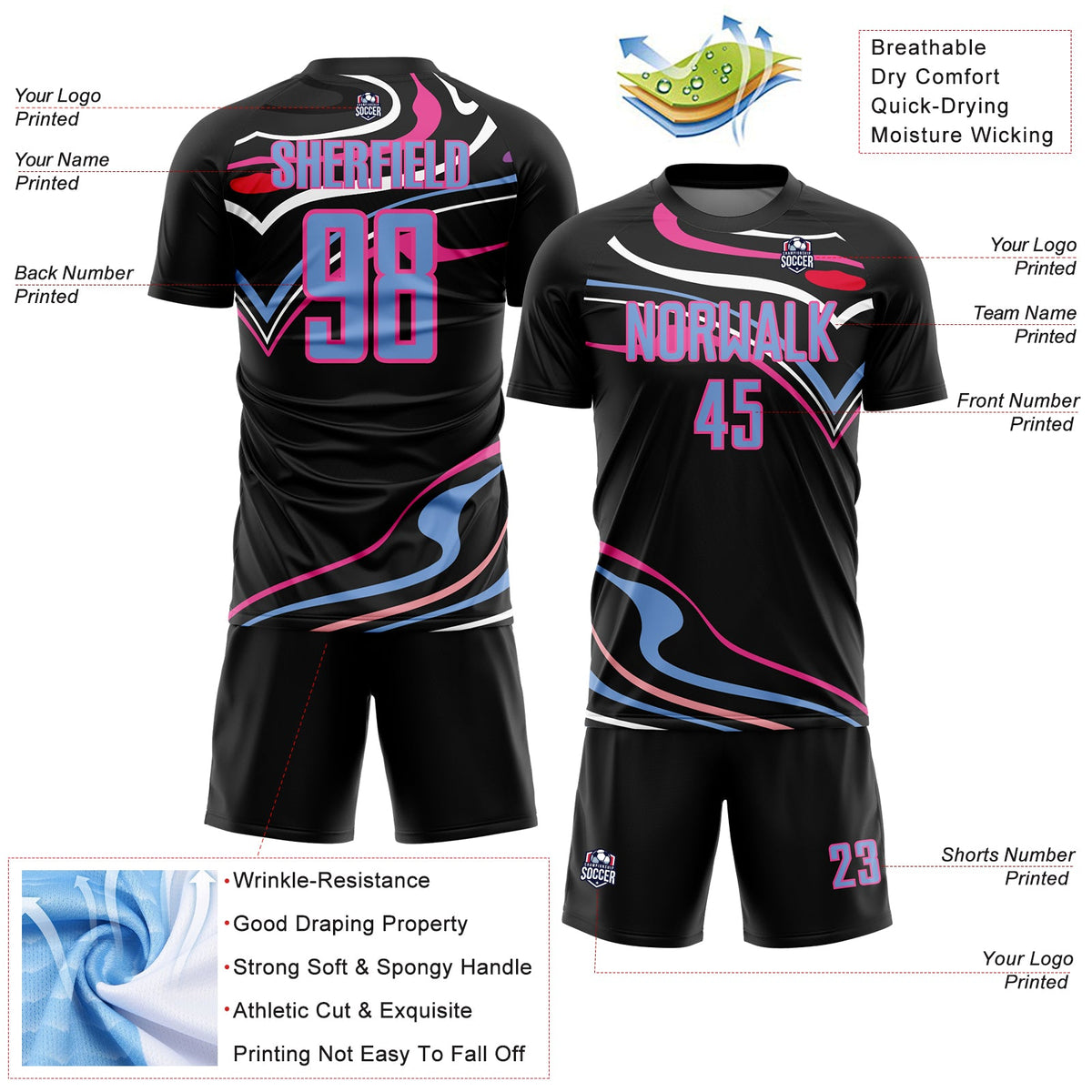 Custom Black Light Blue-Pink Fluid Shapes Sublimation Soccer Uniform Jersey Limited
