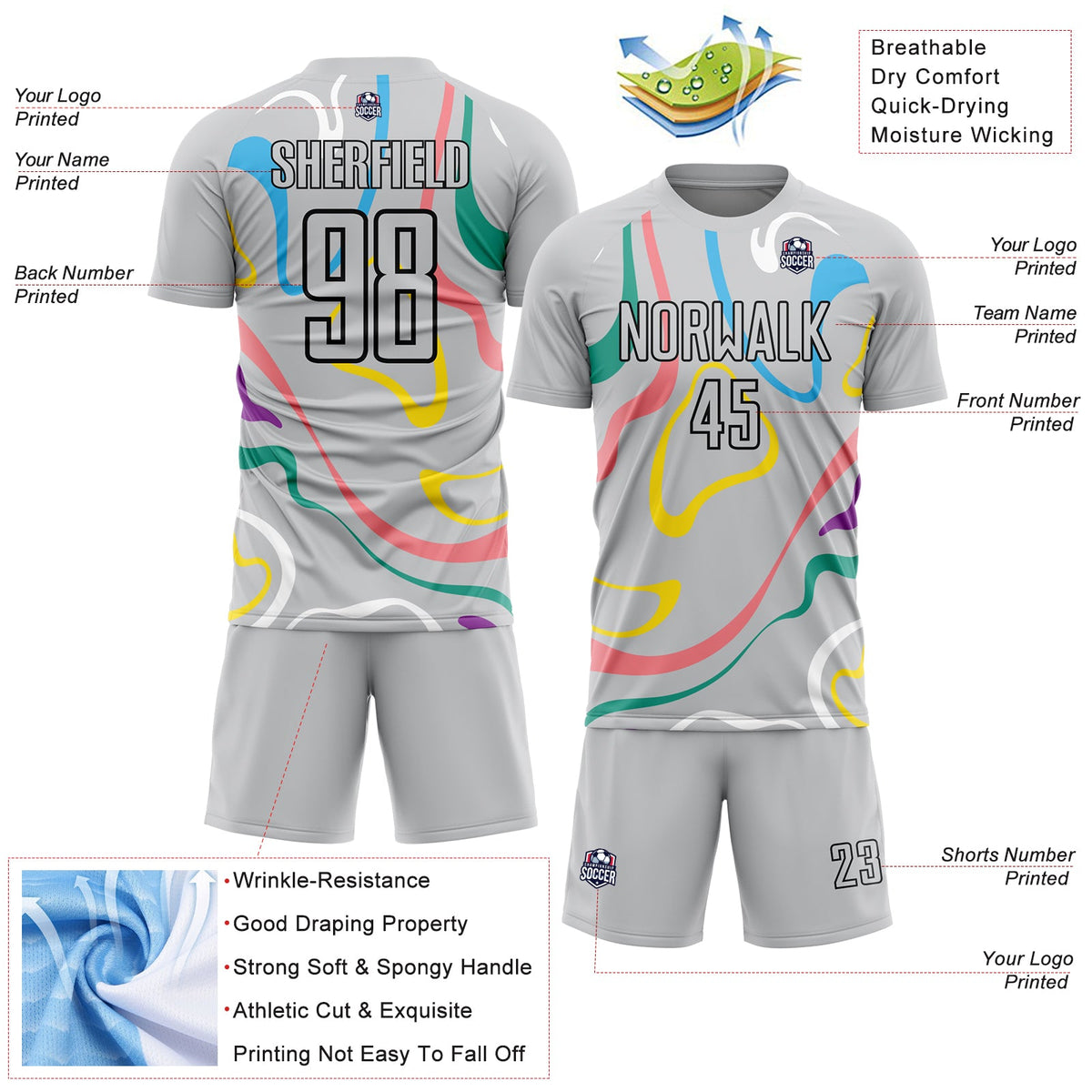 Custom Gray Black Fluid Shapes Sublimation Soccer Uniform Jersey Limited
