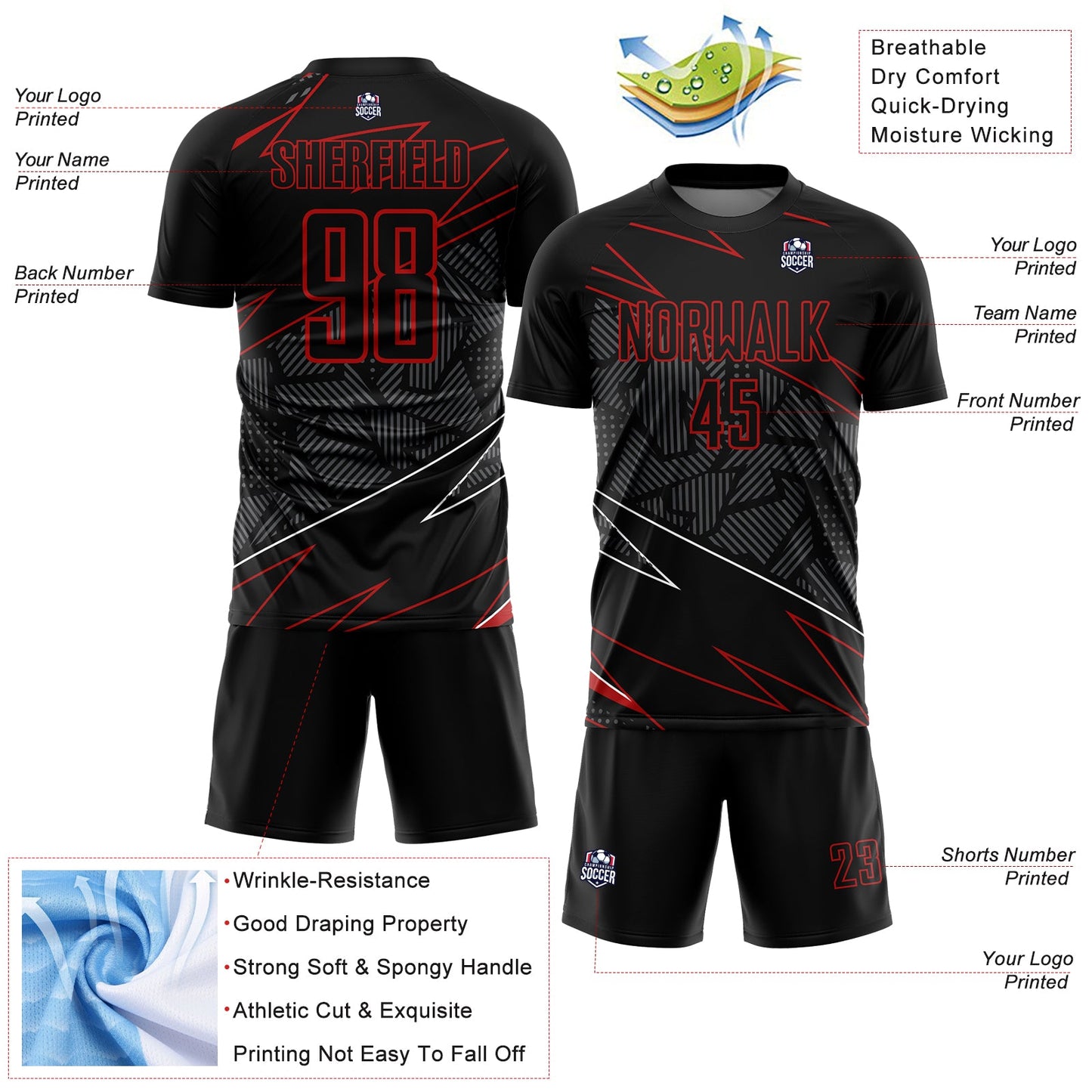 Custom Black Red Lines Sublimation Soccer Uniform Jersey Limited