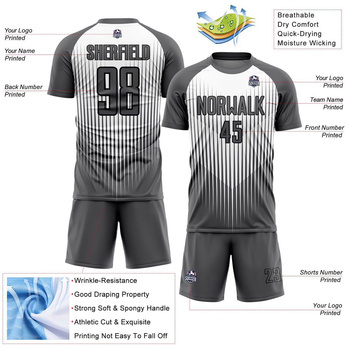 Custom Gray White-Black Lines Sublimation Soccer Uniform Jersey Limited