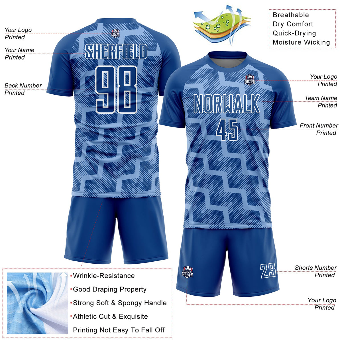 Custom Royal Light Blue-White Lines Sublimation Soccer Uniform Jersey Limited