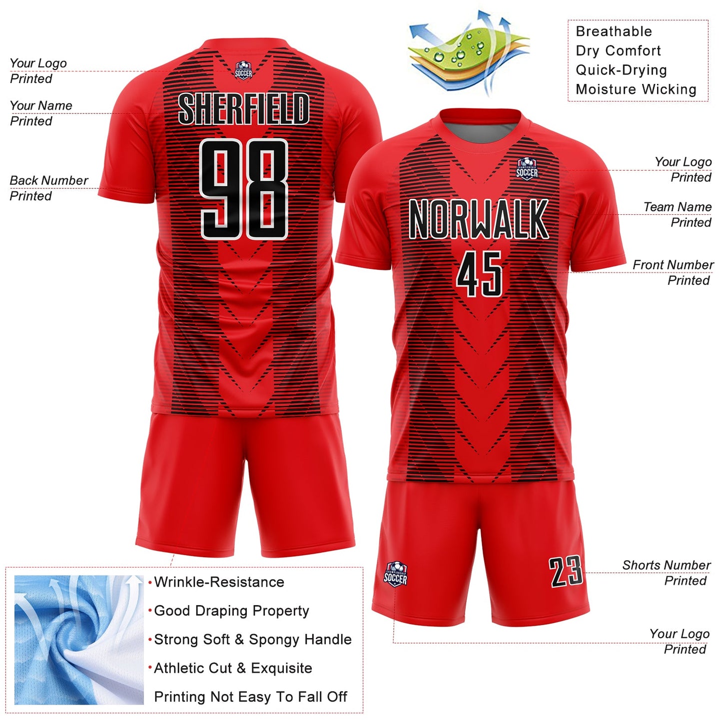 Custom Fire Red Black-White Lines Sublimation Soccer Uniform Jersey Limited