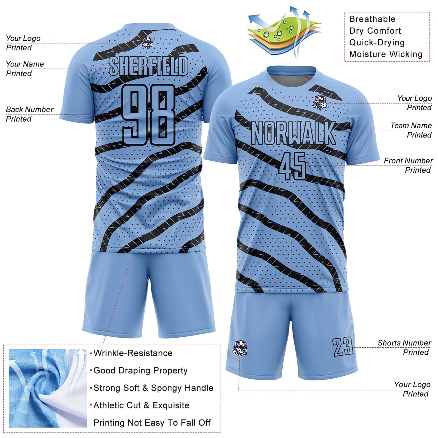Custom Light Blue Black Lines And Dots Sublimation Soccer Uniform Jersey Limited