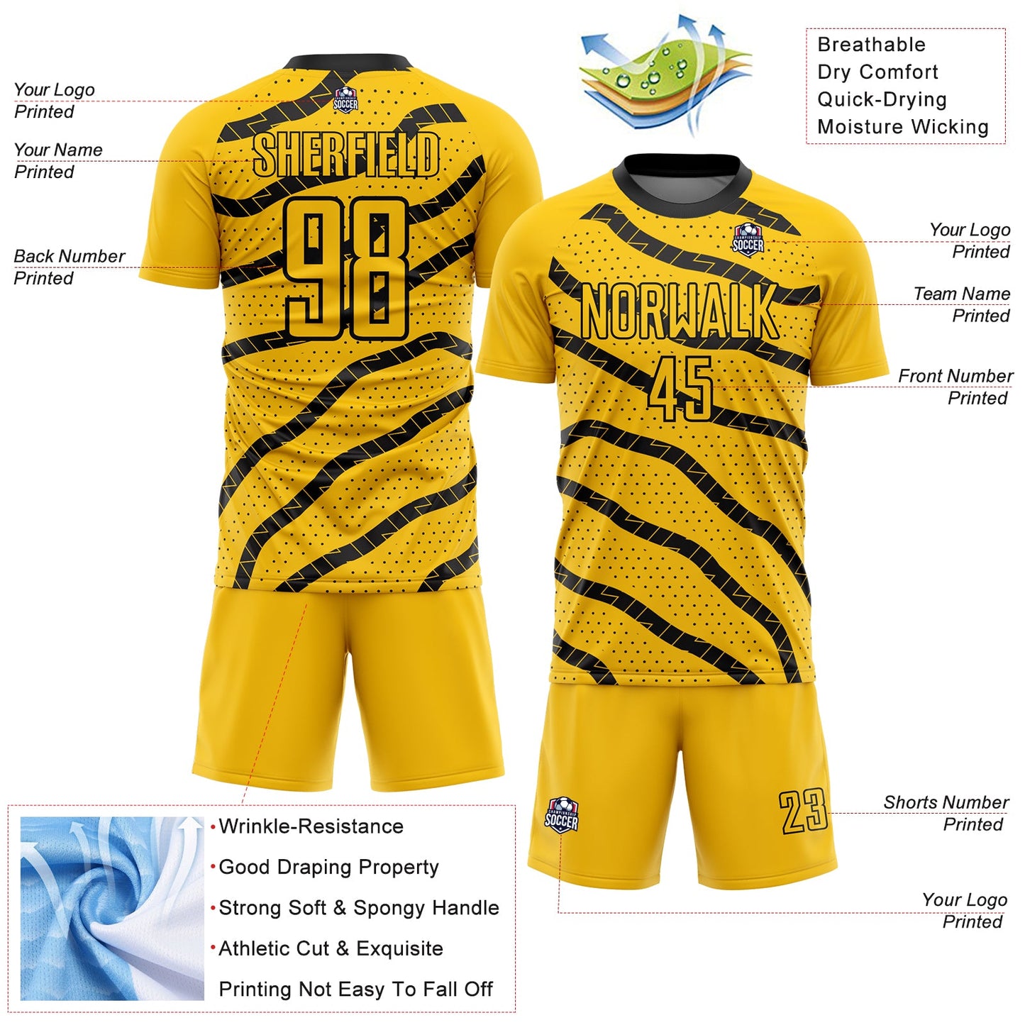 Custom Yellow Black Lines And Dots Sublimation Soccer Uniform Jersey Limited