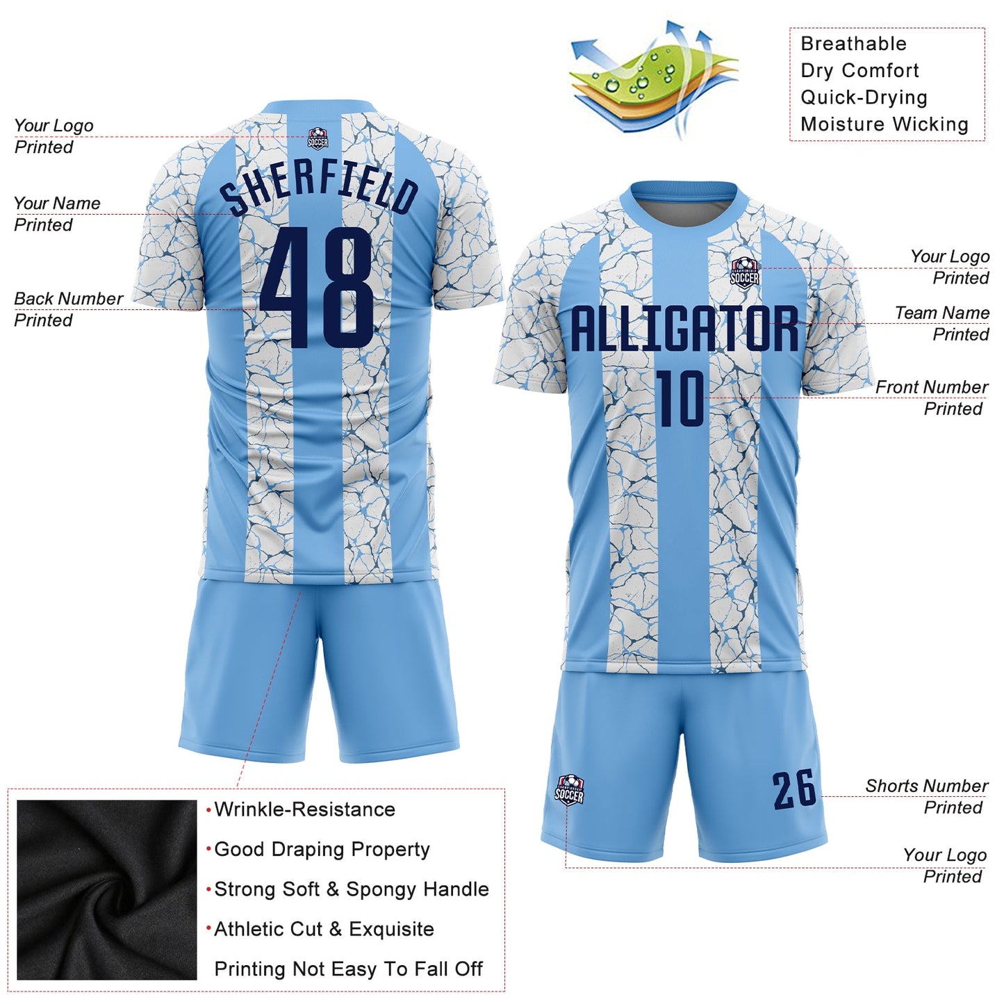 Custom Light Blue Navy-White Sublimation Soccer Uniform Jersey Limited