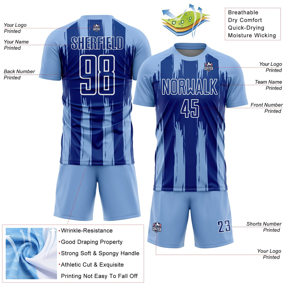 Custom Light Blue Royal-White Abstract Stripes Sublimation Soccer Uniform Jersey Limited