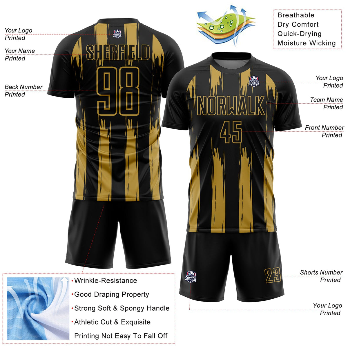 Custom Black Old Gold Abstract Stripes Sublimation Soccer Uniform Jersey Limited