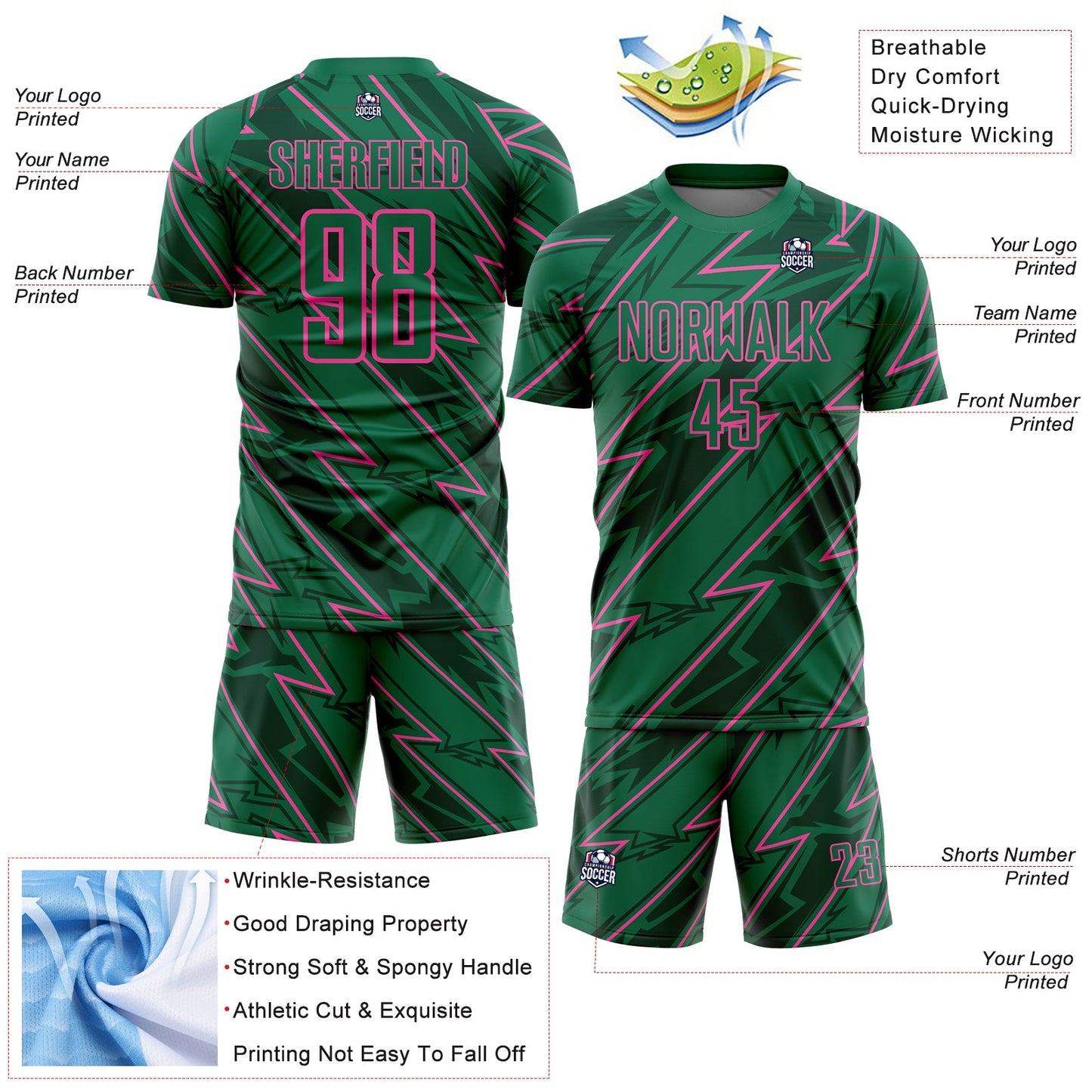 Custom Kelly Green Pink Lightning Sublimation Soccer Uniform Jersey Limited