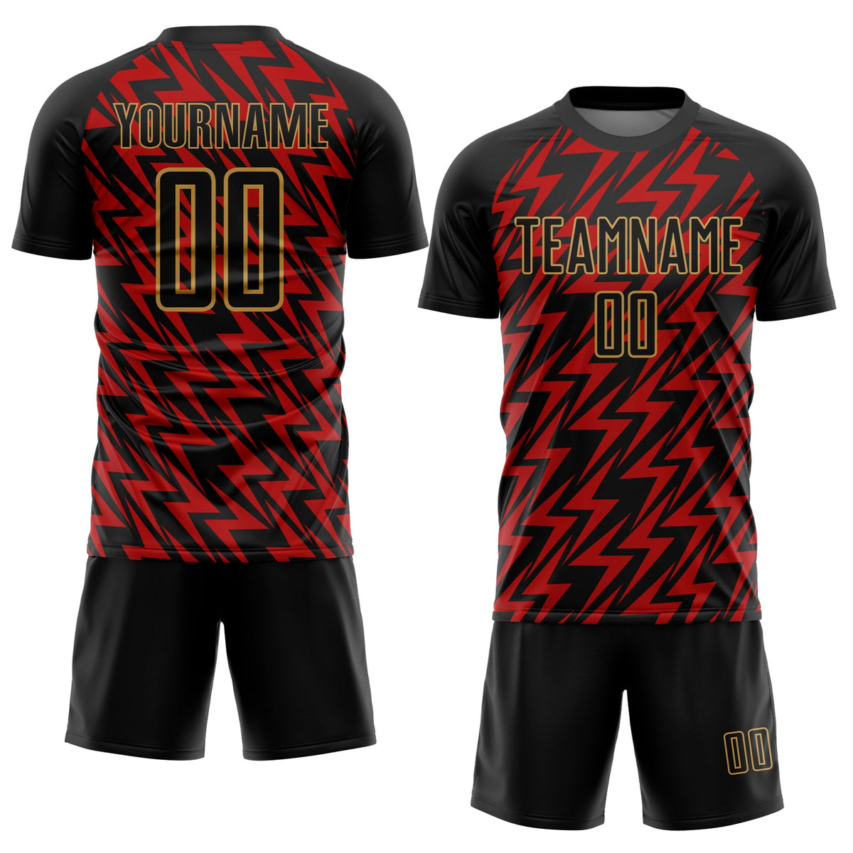 Custom Black Red-Old Gold Lightning Sublimation Soccer Uniform Jersey Limited