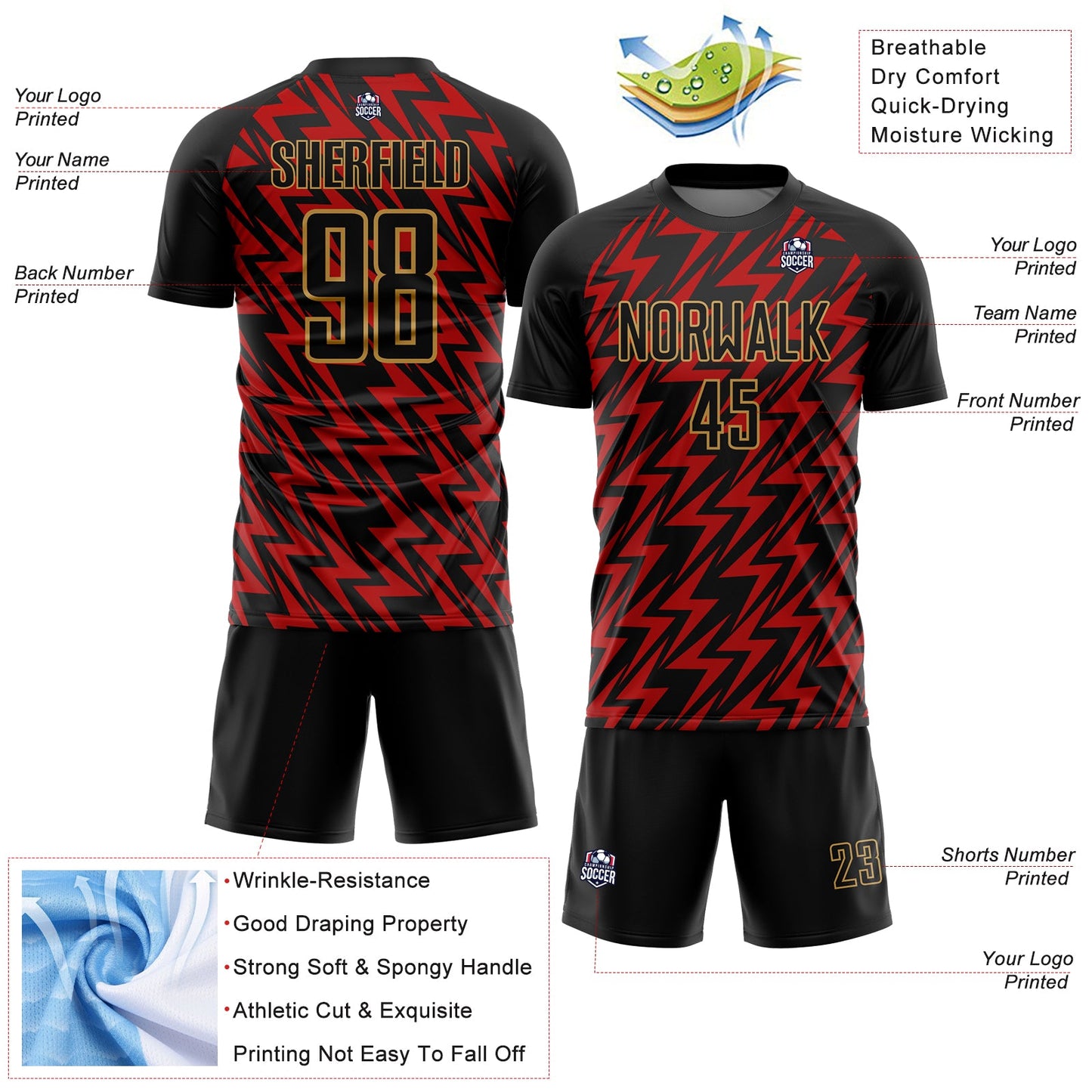 Custom Black Red-Old Gold Lightning Sublimation Soccer Uniform Jersey Limited