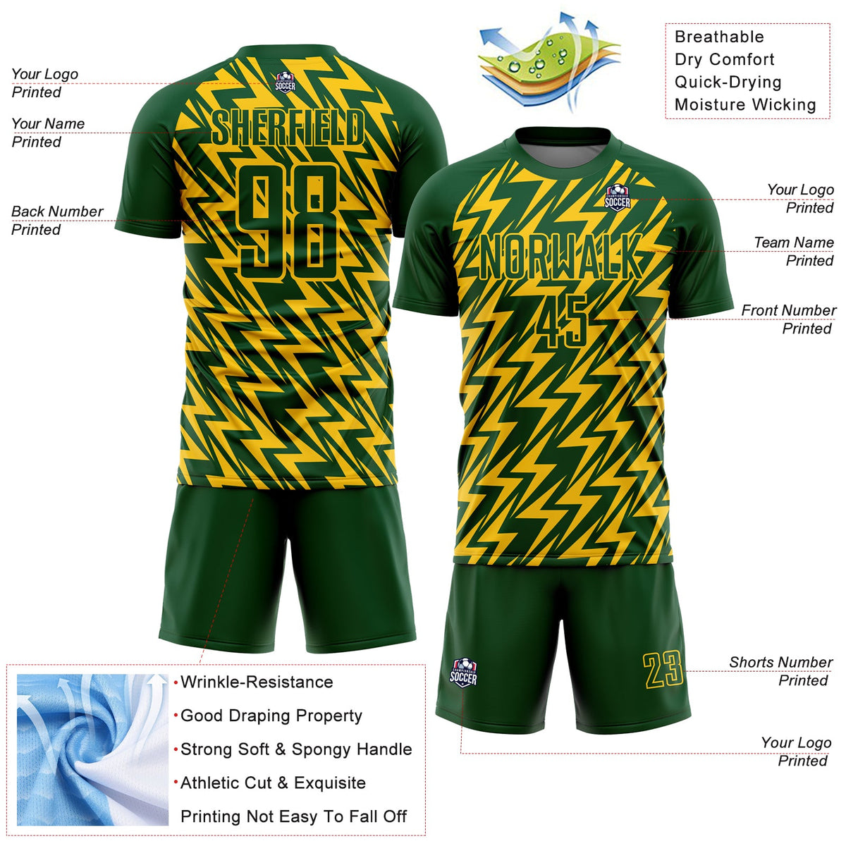 Custom Green Yellow Lightning Sublimation Soccer Uniform Jersey Limited