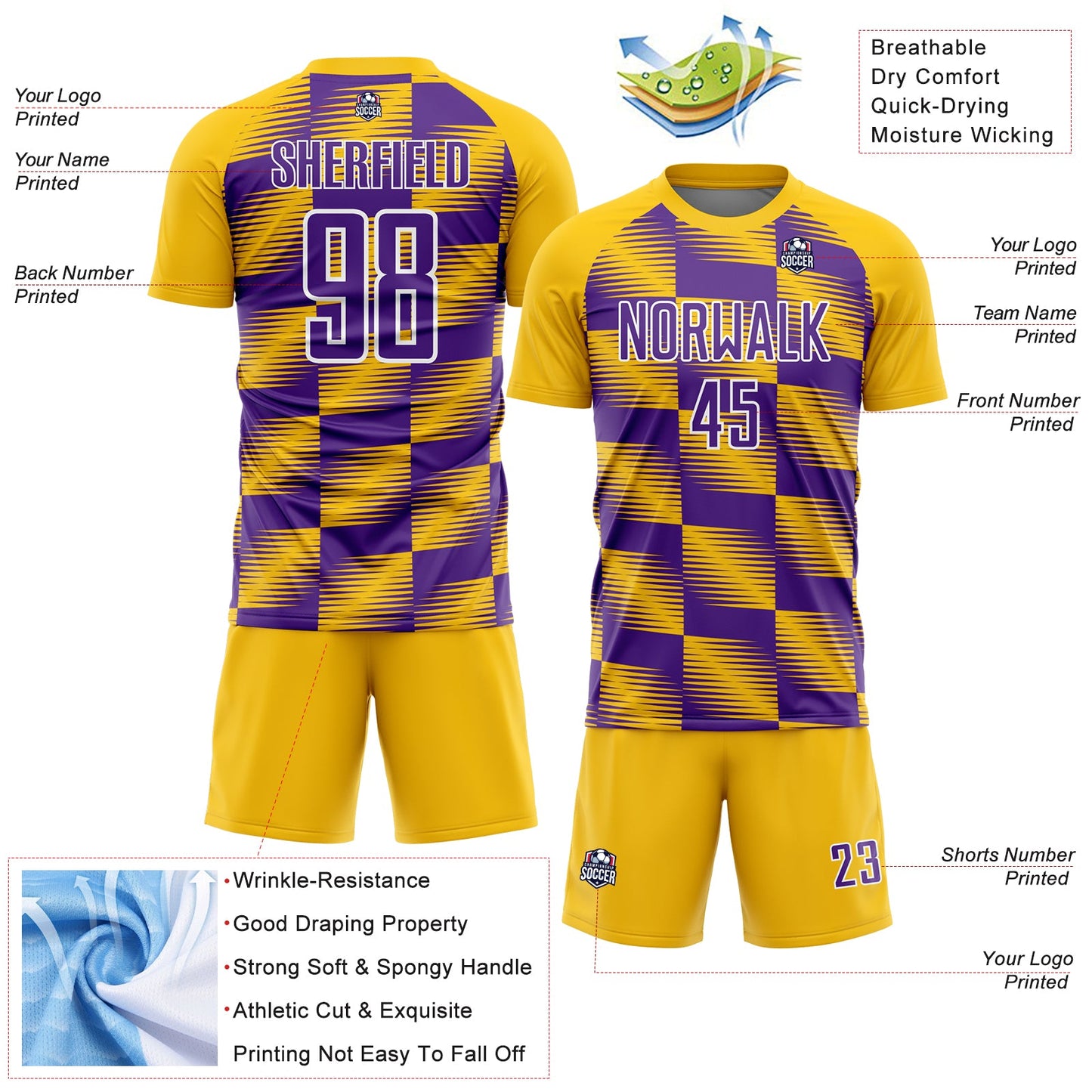 Custom Yellow Purple-White Lines Sublimation Soccer Uniform Jersey Limited