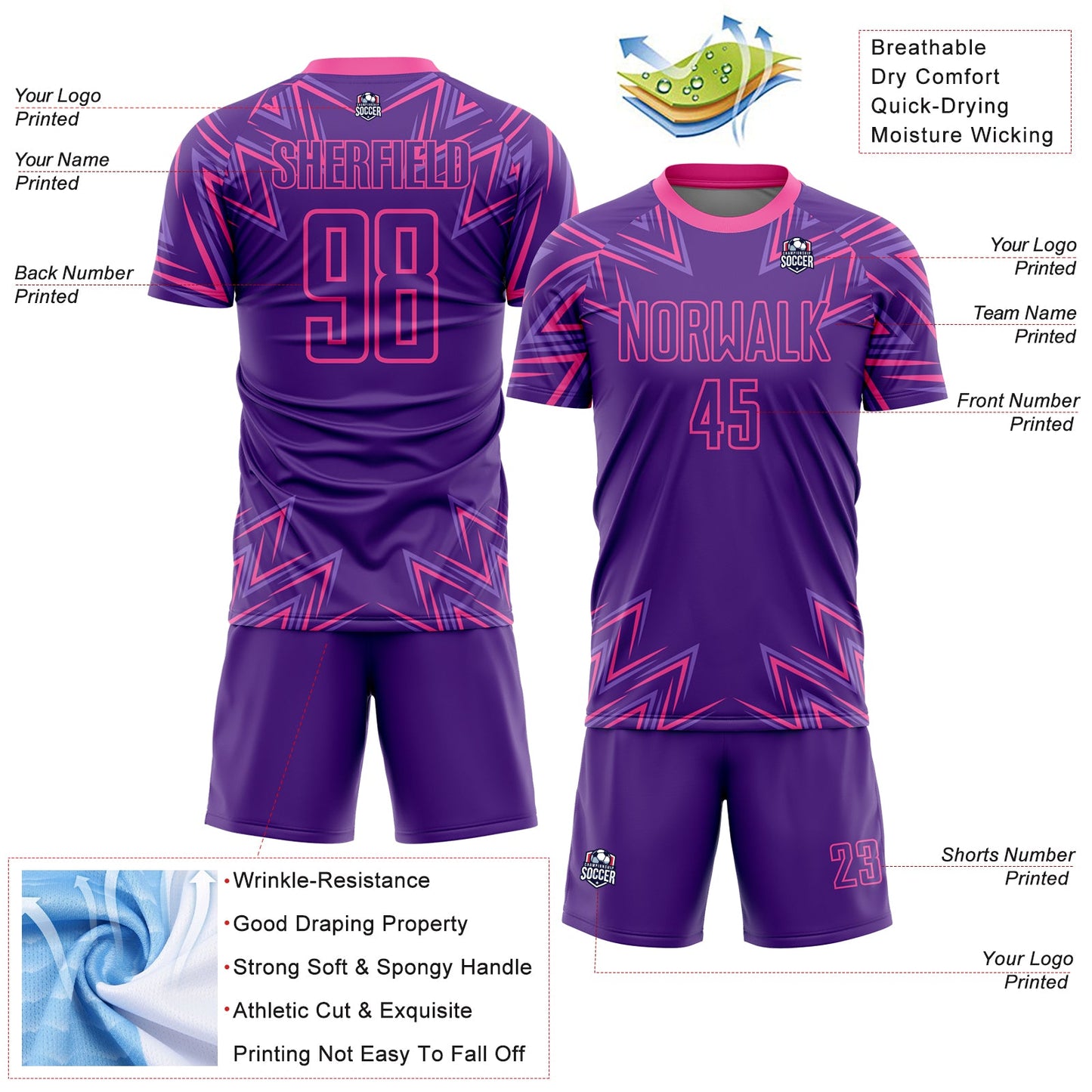 Custom Purple Pink Geometric Shapes Sublimation Soccer Uniform Jersey Limited
