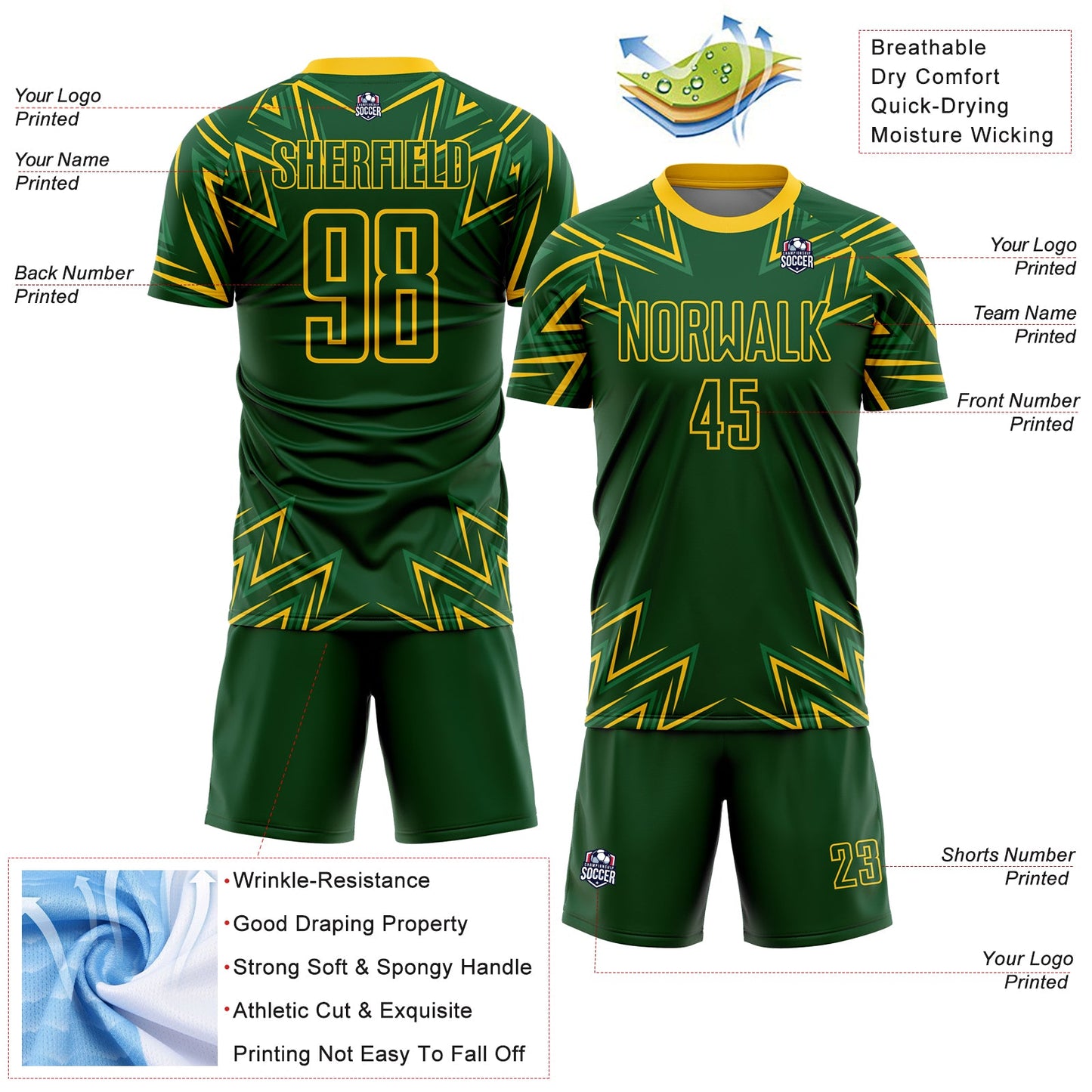 Custom Green Yellow Geometric Shapes Sublimation Soccer Uniform Jersey Limited