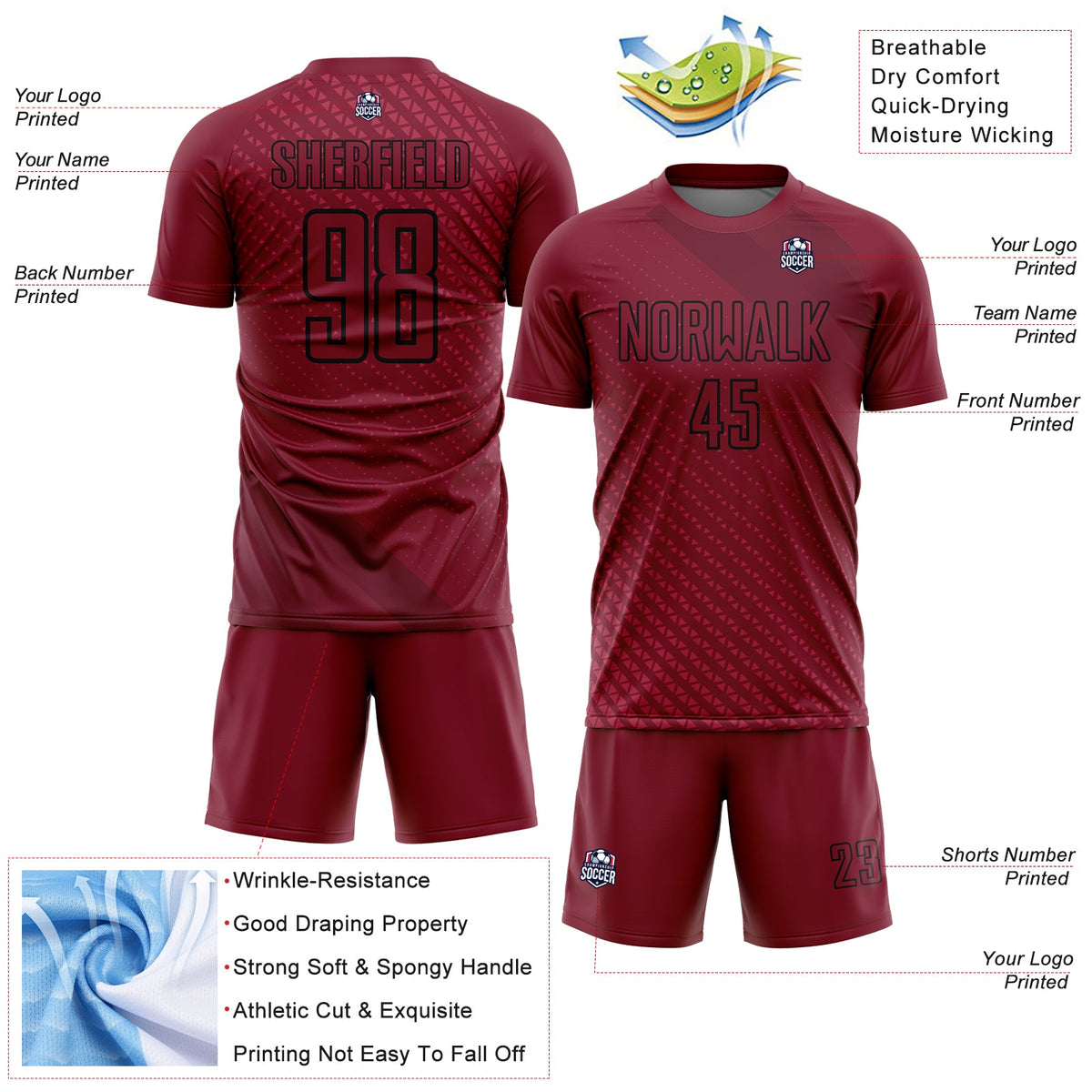 Custom Crimson Black Geometric Shapes Sublimation Soccer Uniform Jersey Limited